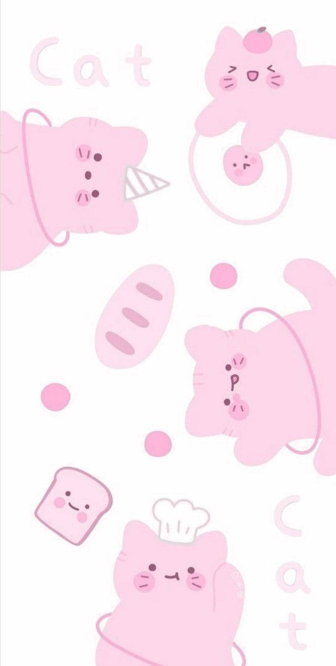 Pienk Kawaii Gelukkige Kat Muurpapier