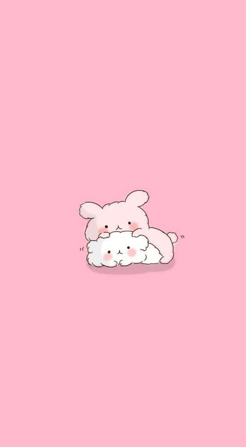 Pienk Kawaii Hasie en Kat Muurpapier