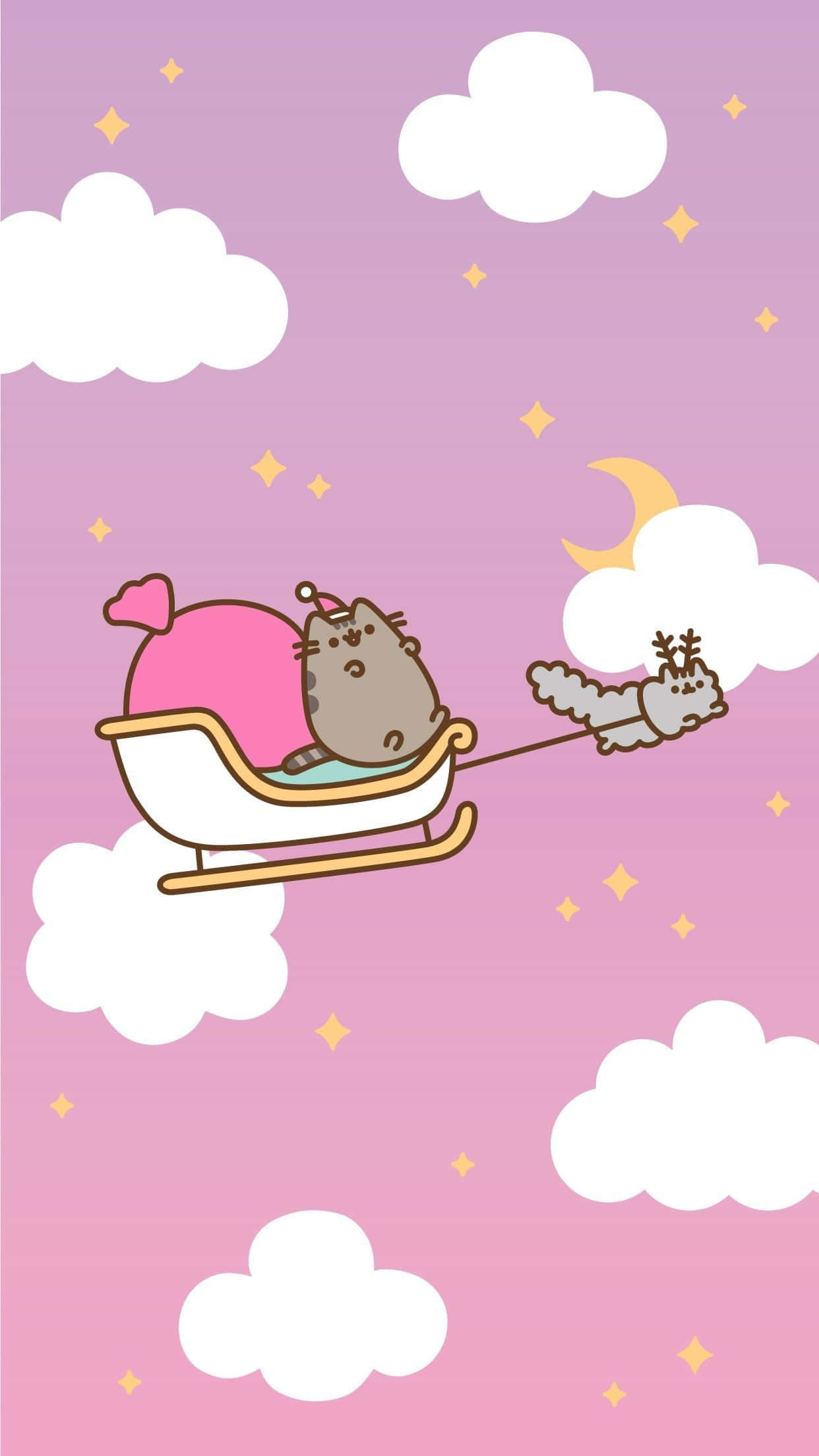 Pienk Kersfees Pusheen Kat Slee Muurpapier