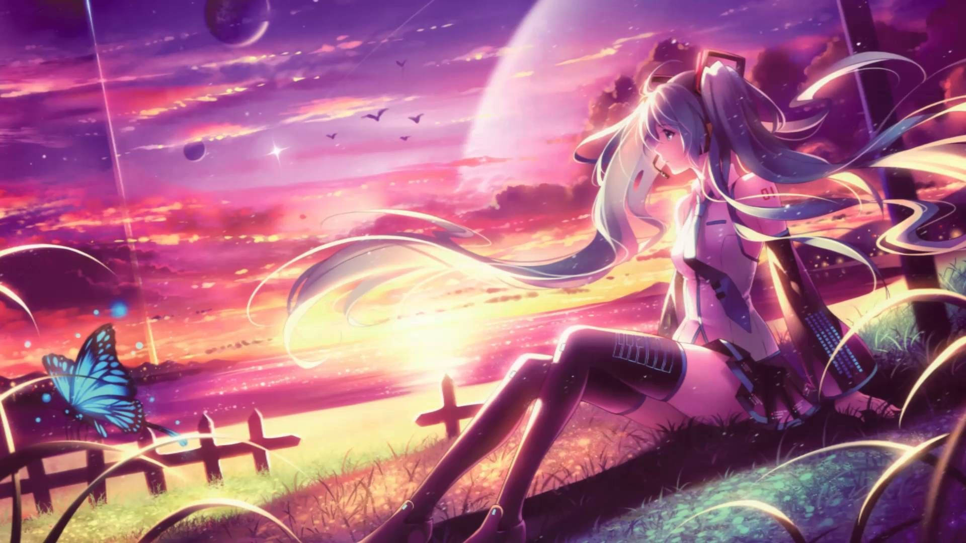 Pigtail Anime Meisie Nightcore Muurpapier