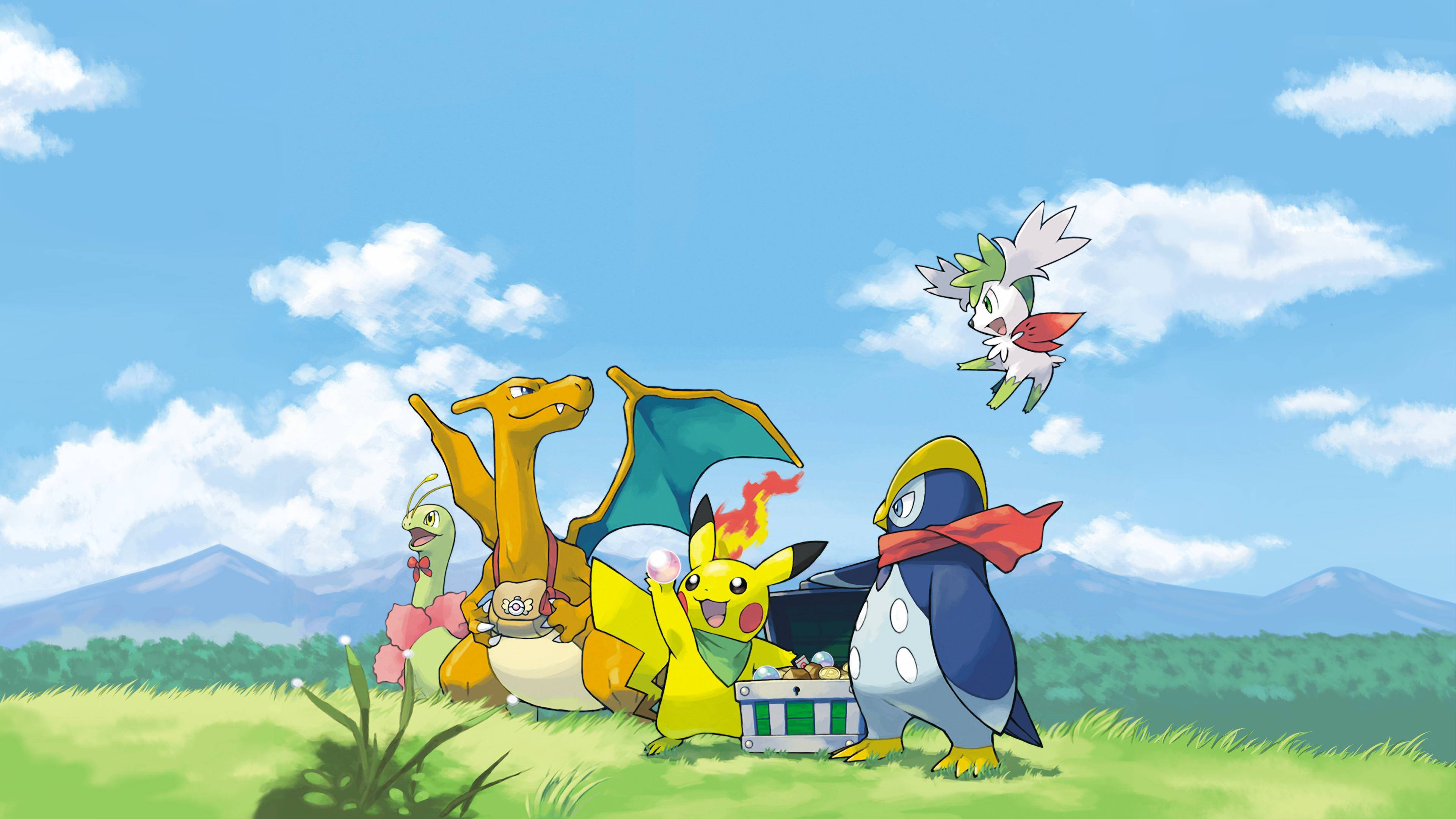 Pikachu 4K en Pokémon-neefs se Uitstappie Muurpapier