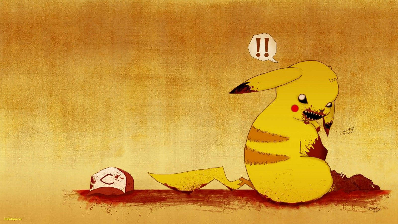 Agtergrond van 'n Pikachu donker fan kuns waar hy sy afrigter Ash eet.