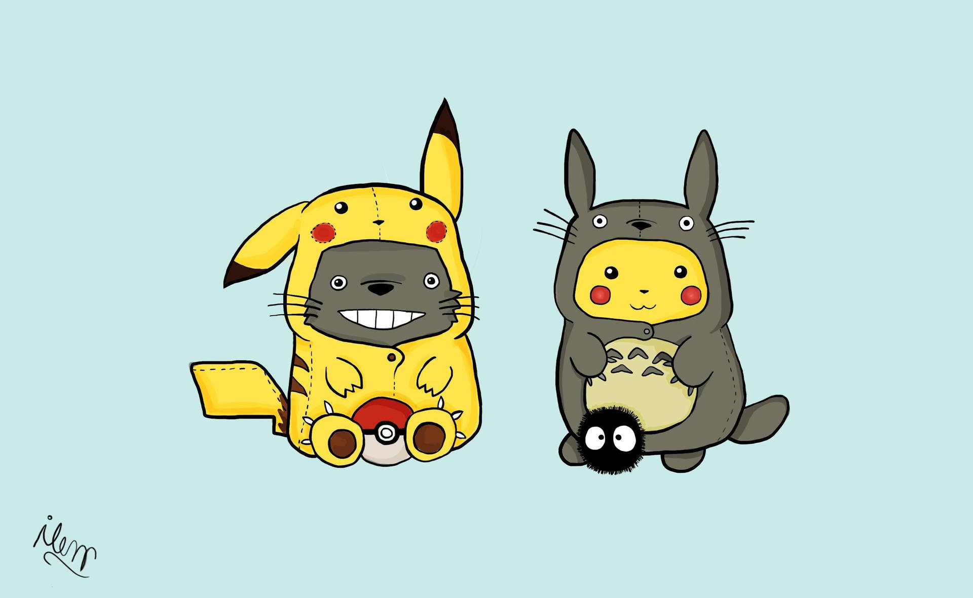 Agtergrond van Pikachu en Totoro wat velle ruil.