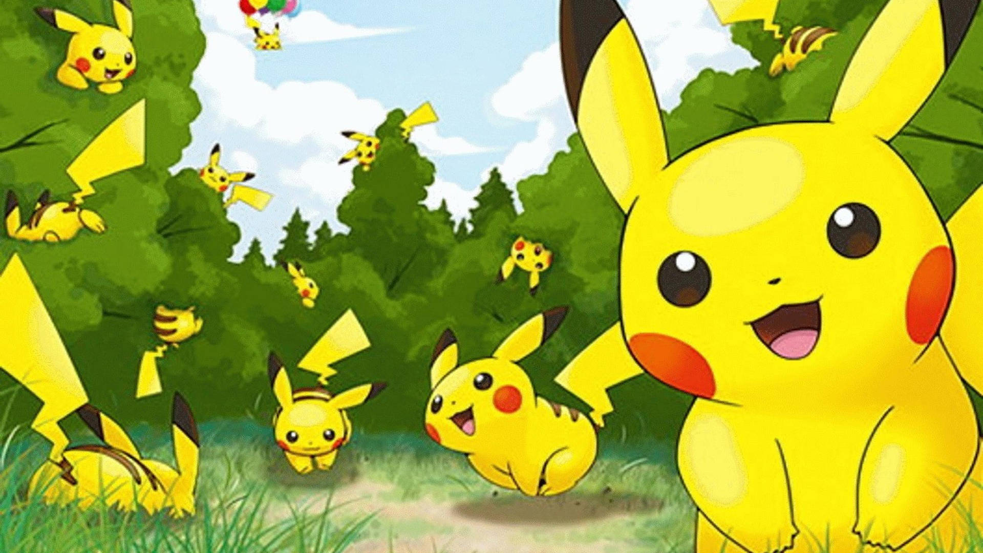 Agtergrond van Pikachu-klone wat om die bosse speel.