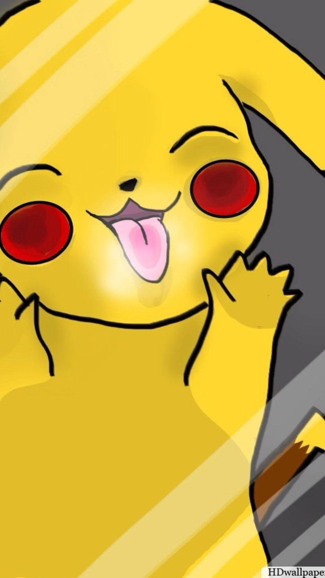 Agtergrond van Pikachu wat sy tong uitsteek en deur 'n glas loer.
