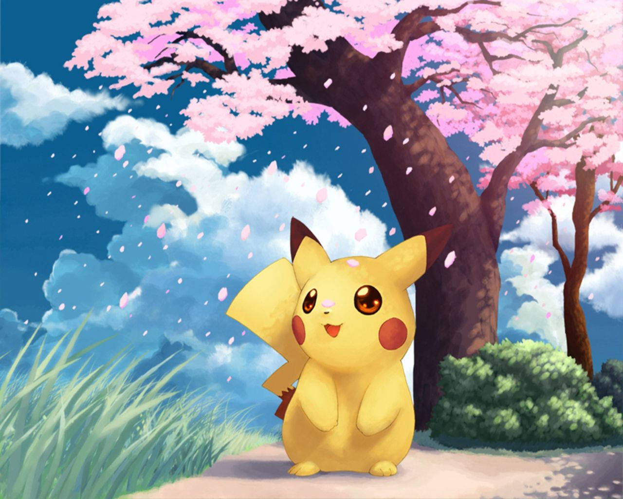 Agtergrond van Pikachu in 'n aanhanger-kuns te midde van vallende kersiebloeiselblare.