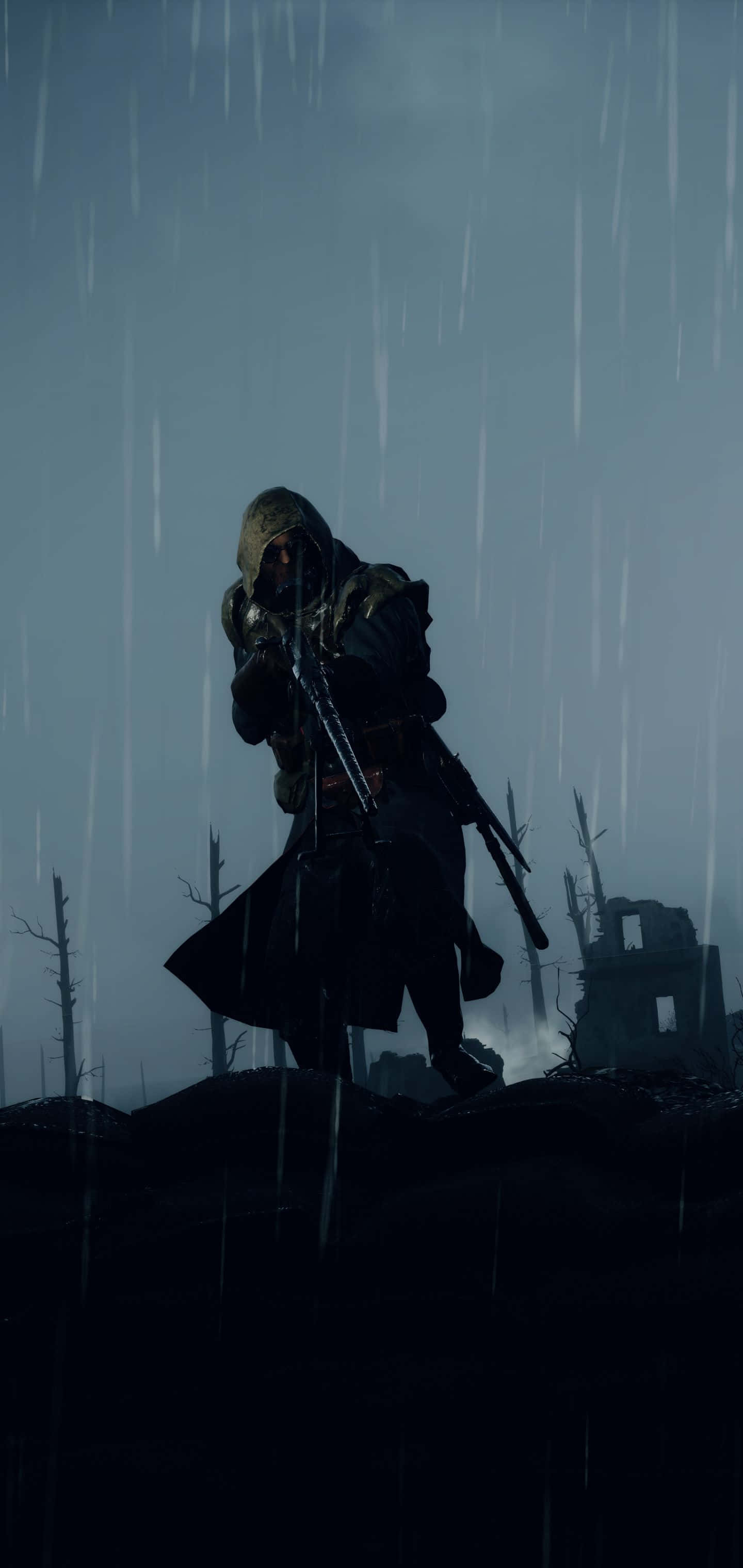 Pixel 3xl Battlefield 1 Agtergrond Gekapde Soldaat in die Reën Muurpapier