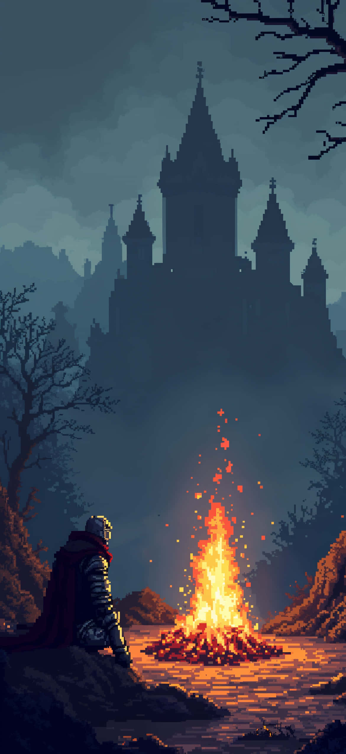 Pixel Art Dark Souls Muurpapier - Kampvuur Toneel - Speletjie Muurpapier
