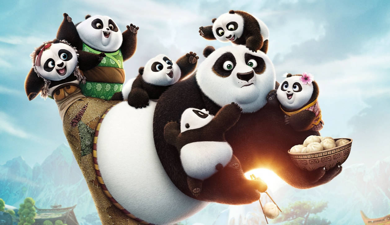 Po en Kleinpanda 4K-tekenprent Muurpapier
