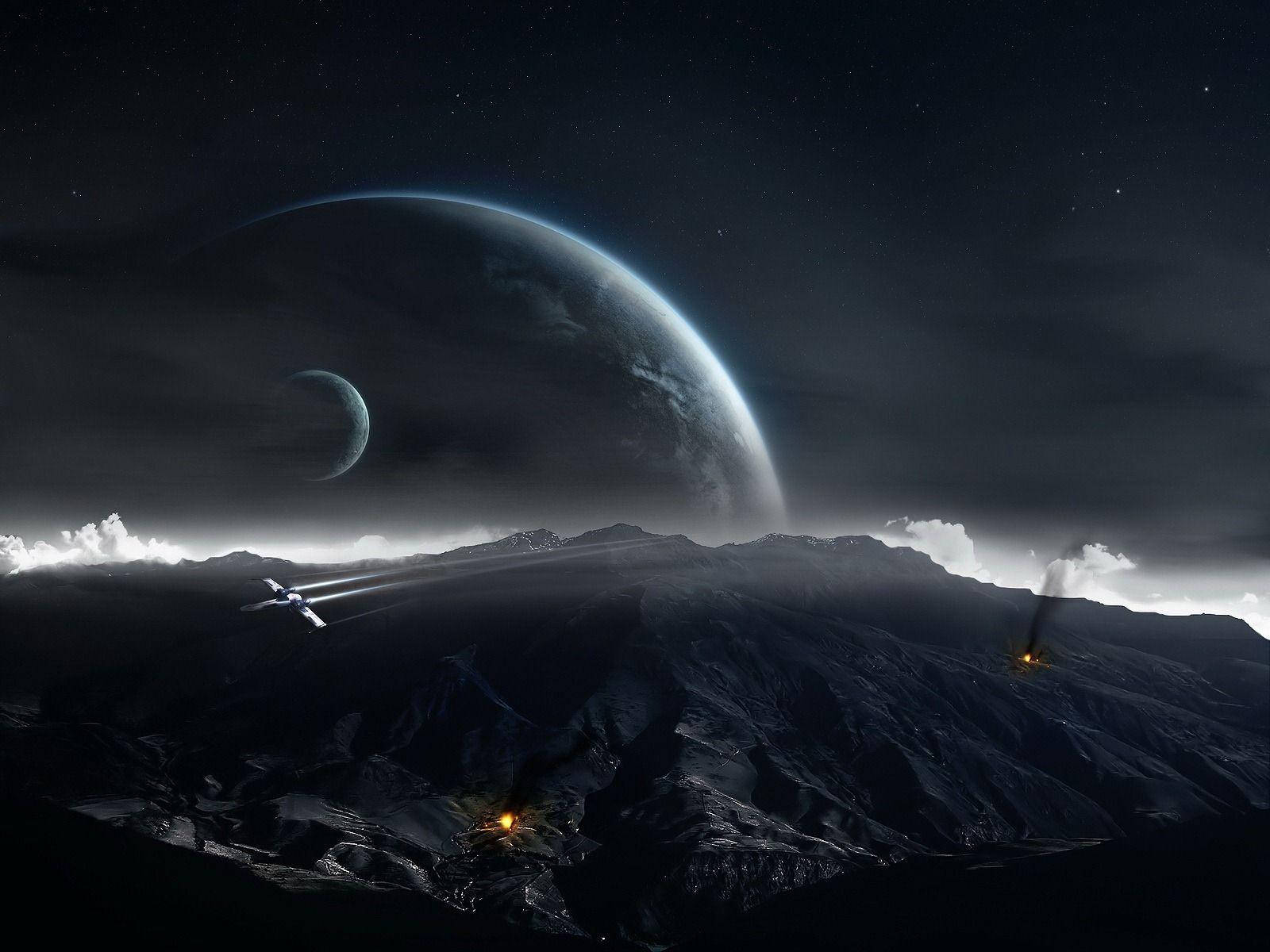 Pragtige Donker Bergreeks met Planete Muurpapier