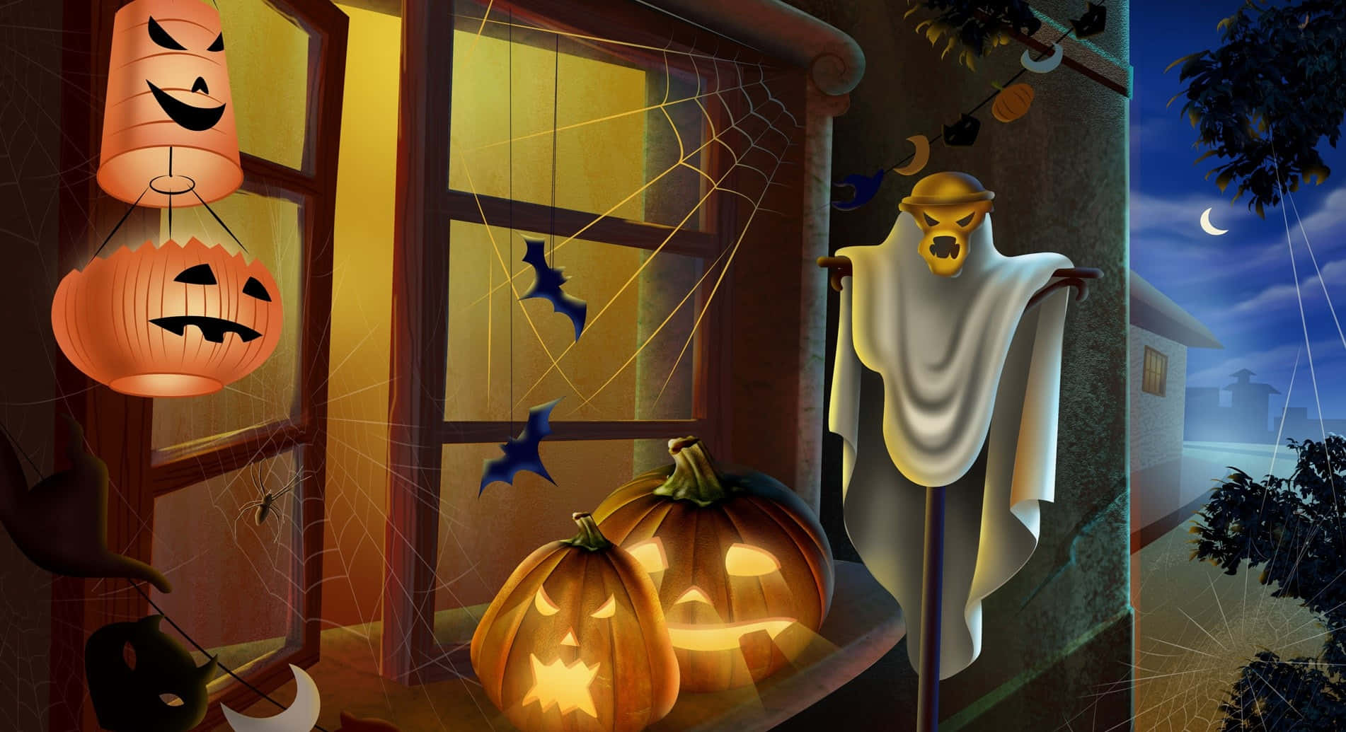 Pragtige Halloween-versiering van 'n Huis Muurpapier