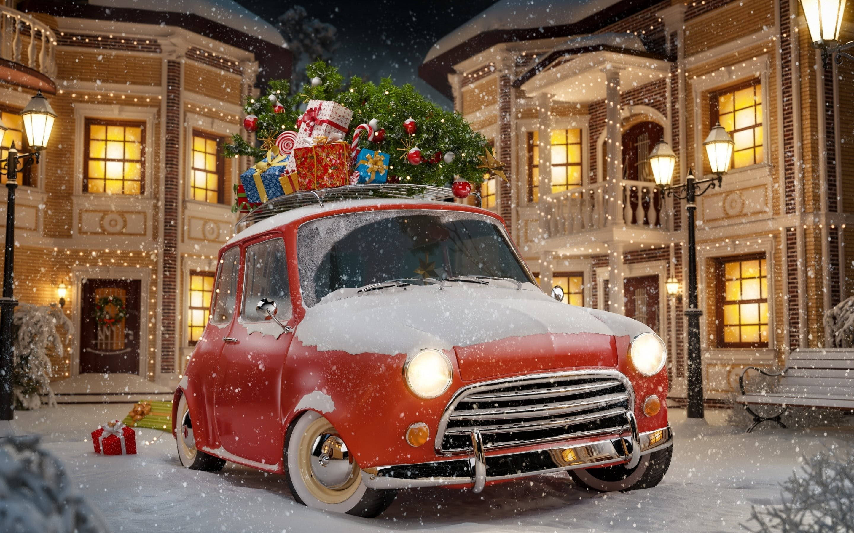 Pragtige Kersfeesmotor met Sneeuw Muurpapier