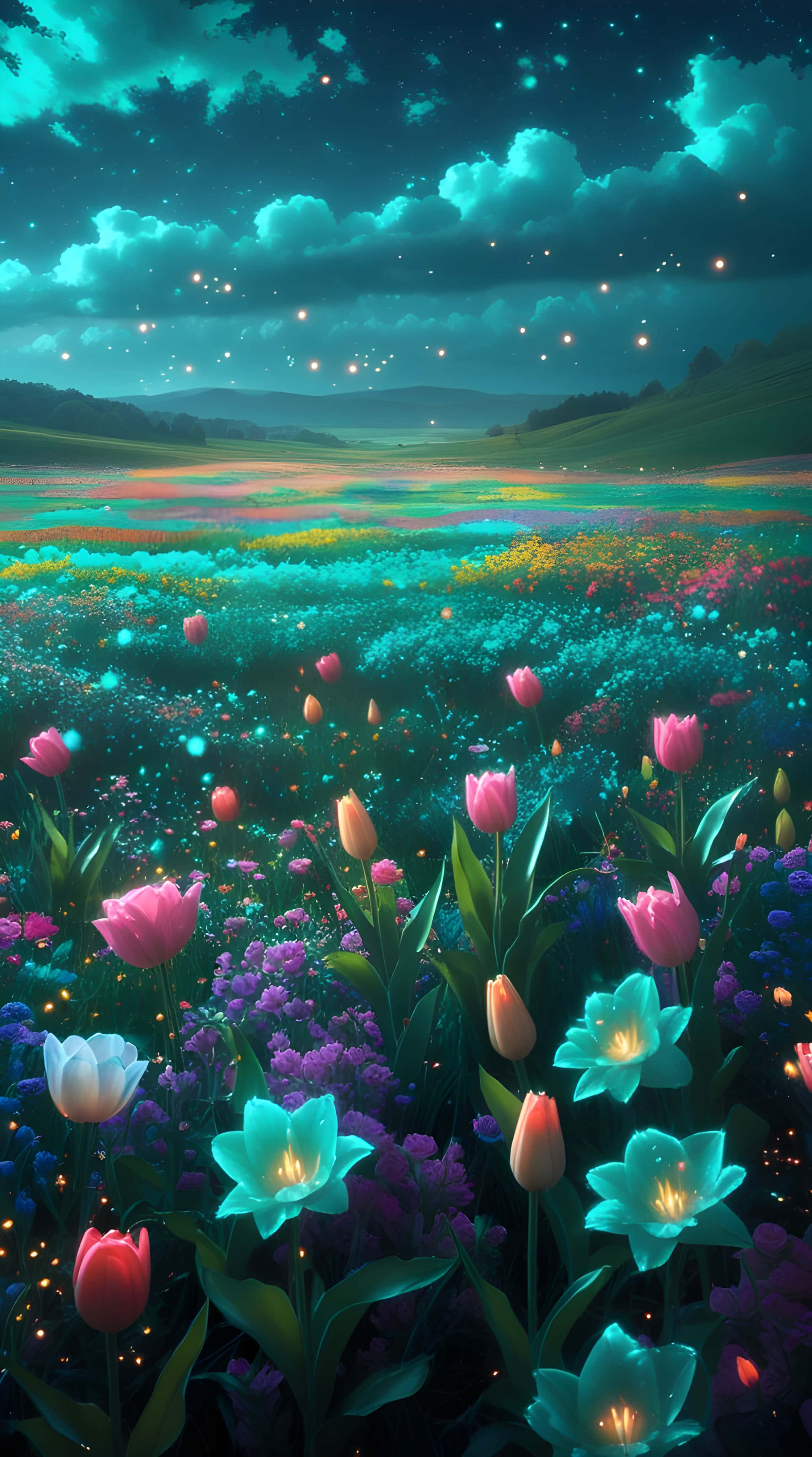 Pragtige nagtoneel van blomme en die natuur Muurpapier
