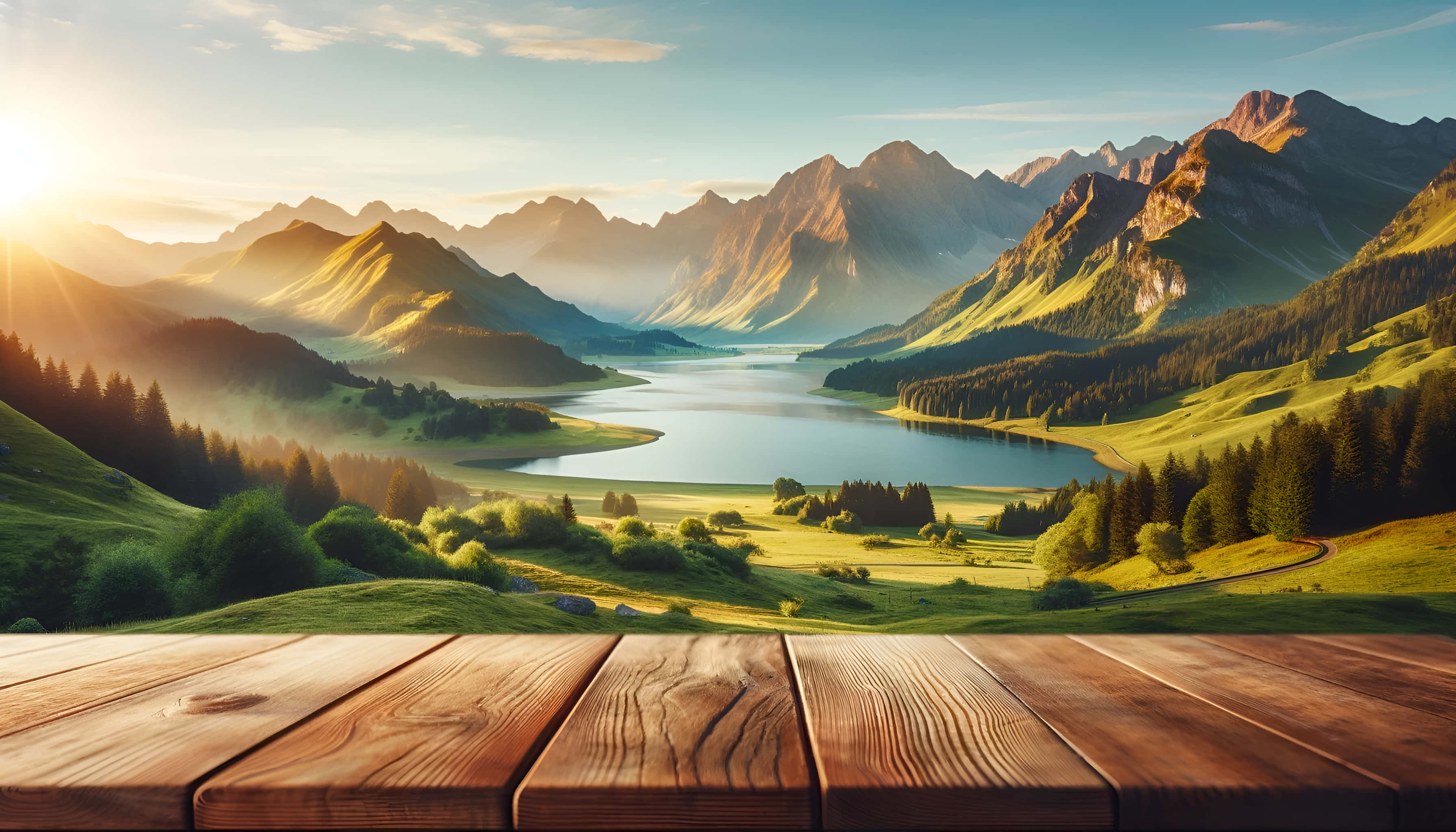 Pragtige Natuurlandskap Sondag met Berge en Bome Muurpapier
