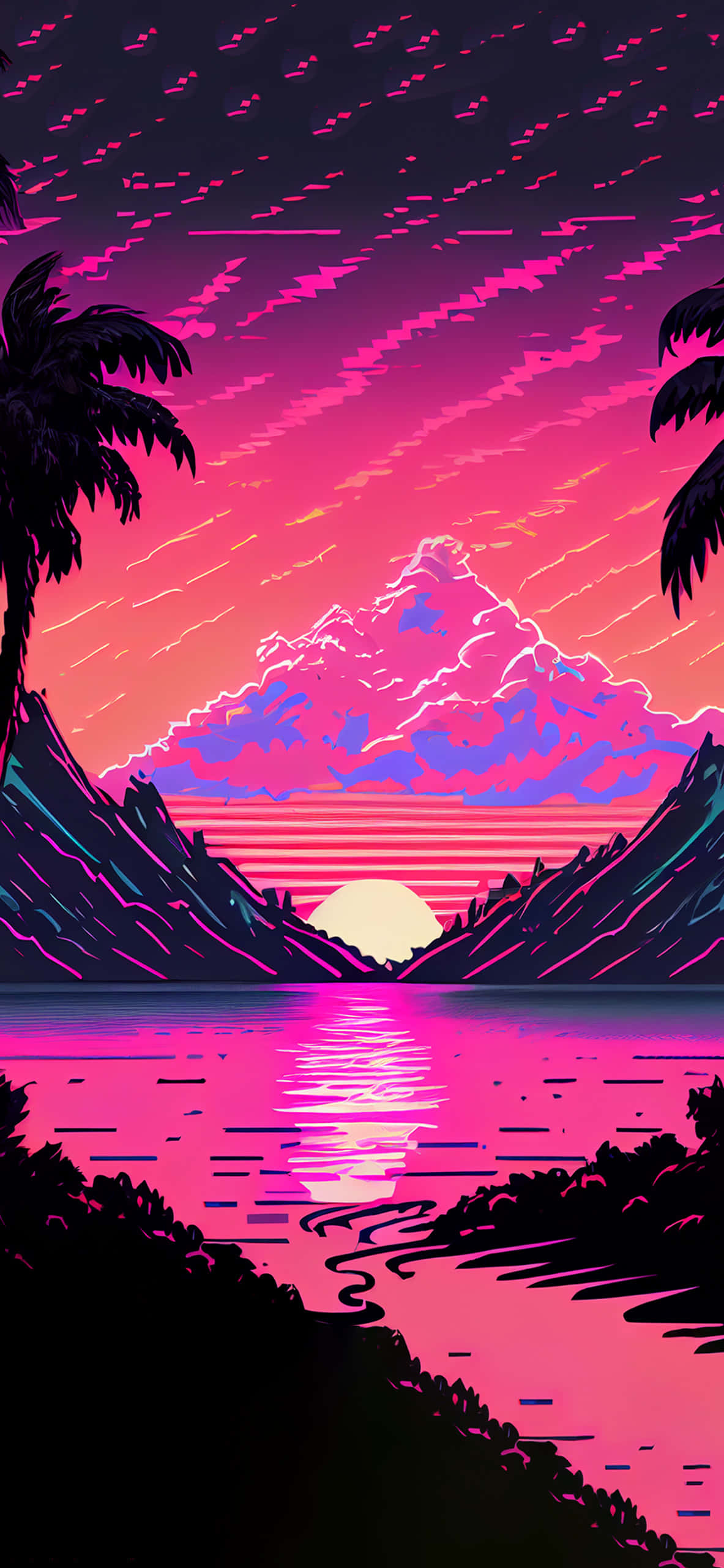 Pragtige Sonsondergang Vaporwave Vektorillustrasie Agtergrond Muurpapier