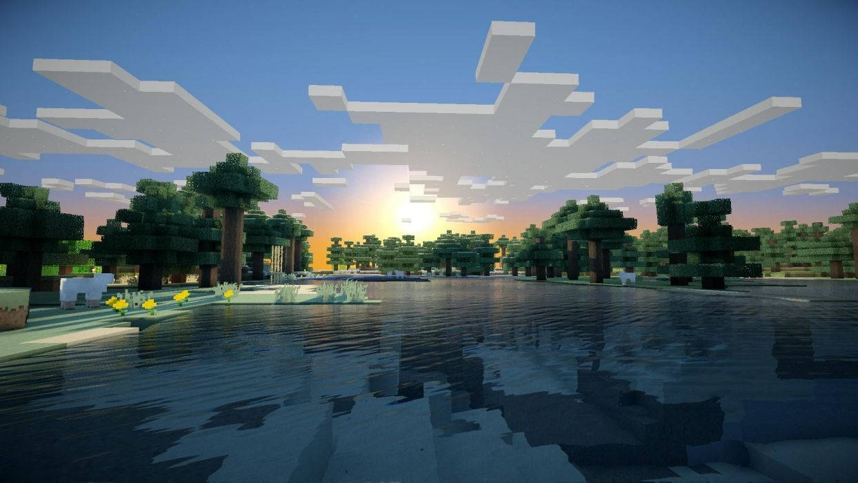 Minecraft bewolkte sonsopkoms natuur uitsig agtergrond