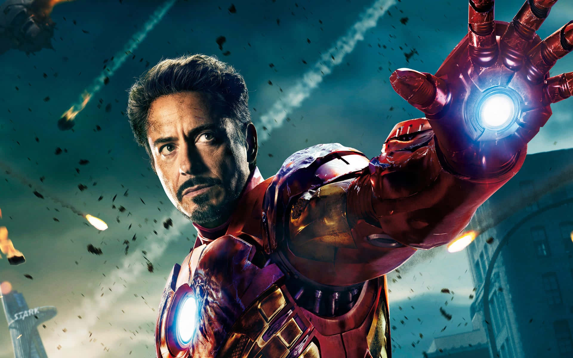 Presteer van Yster Man Robert Downey Jr in Verwoeste Stad Muurpapier