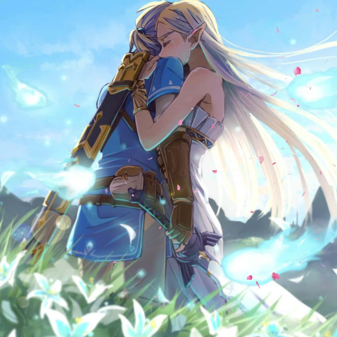 Prinses Zelda en Link wat omhels Botw Muurpapier