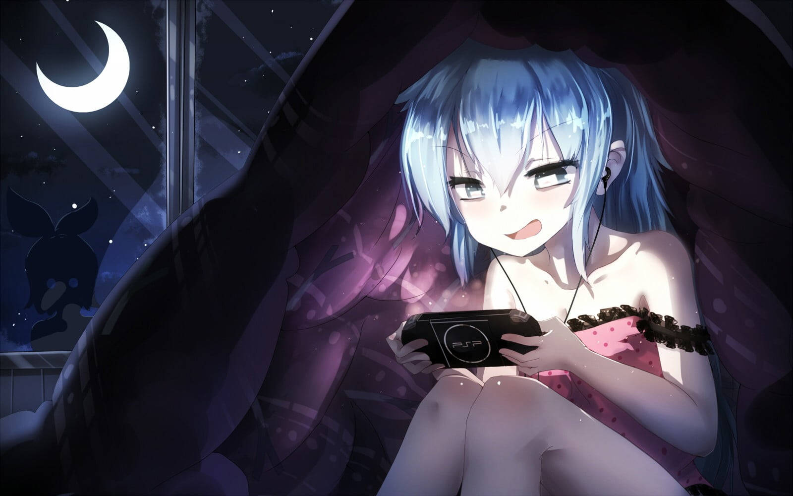 PSP-anime meisie wat snags speel Muurpapier