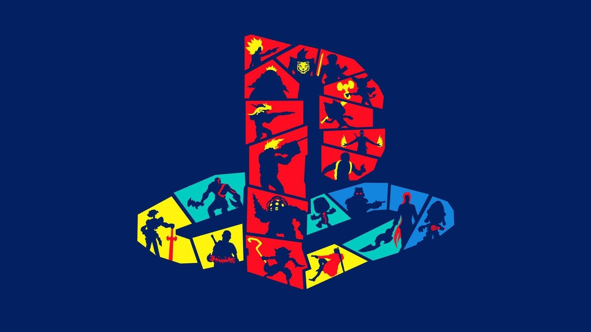 PSP PlayStation-logo met speletjie-karakters Muurpapier