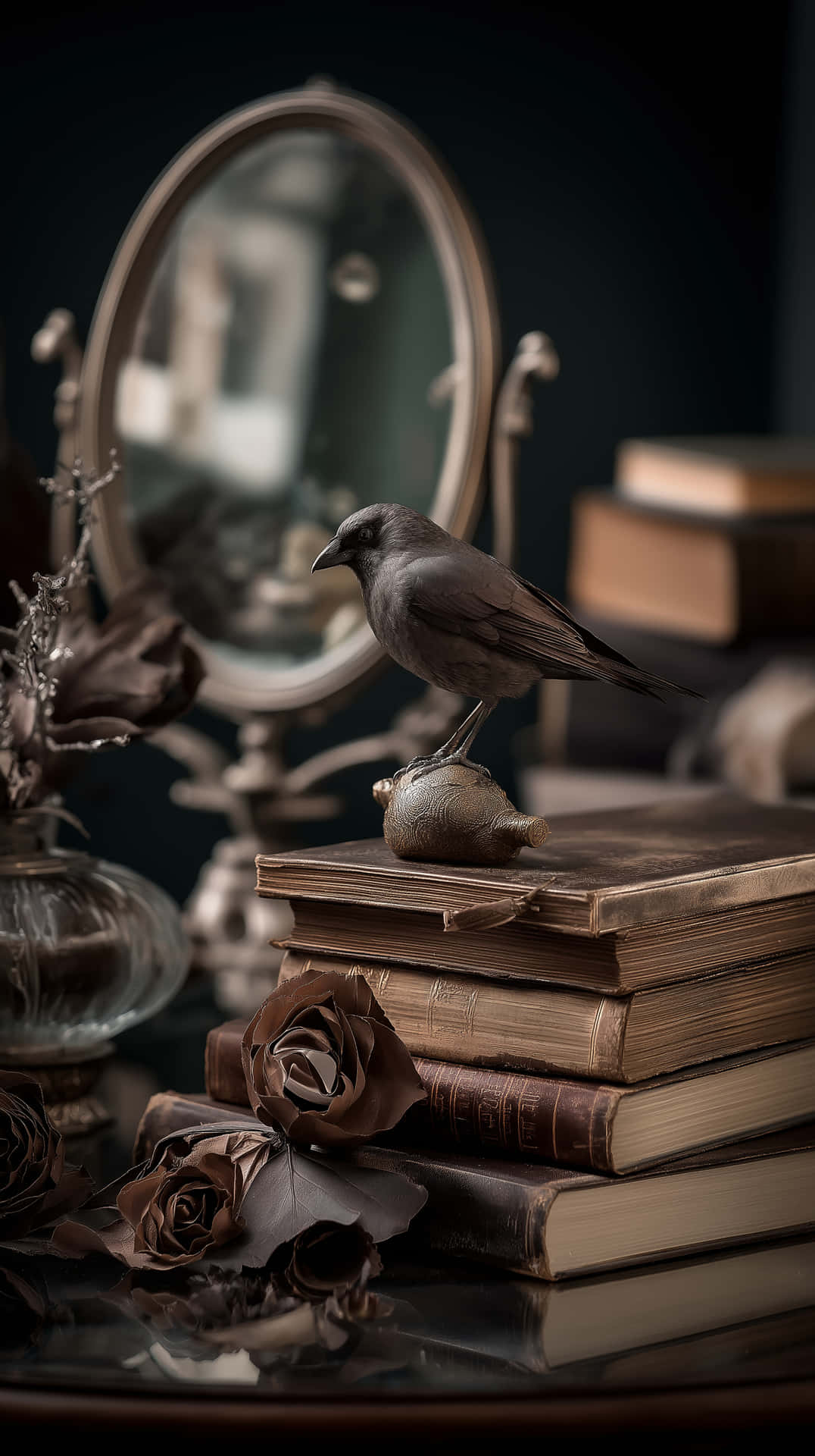raaf,gothic,boeke,vintage,ornamente,mistiek,donker akademia, fantasie,voël,studie,betowerend,stemmig,stillewe,antiek,kennis — Donker akademie Muurpapier