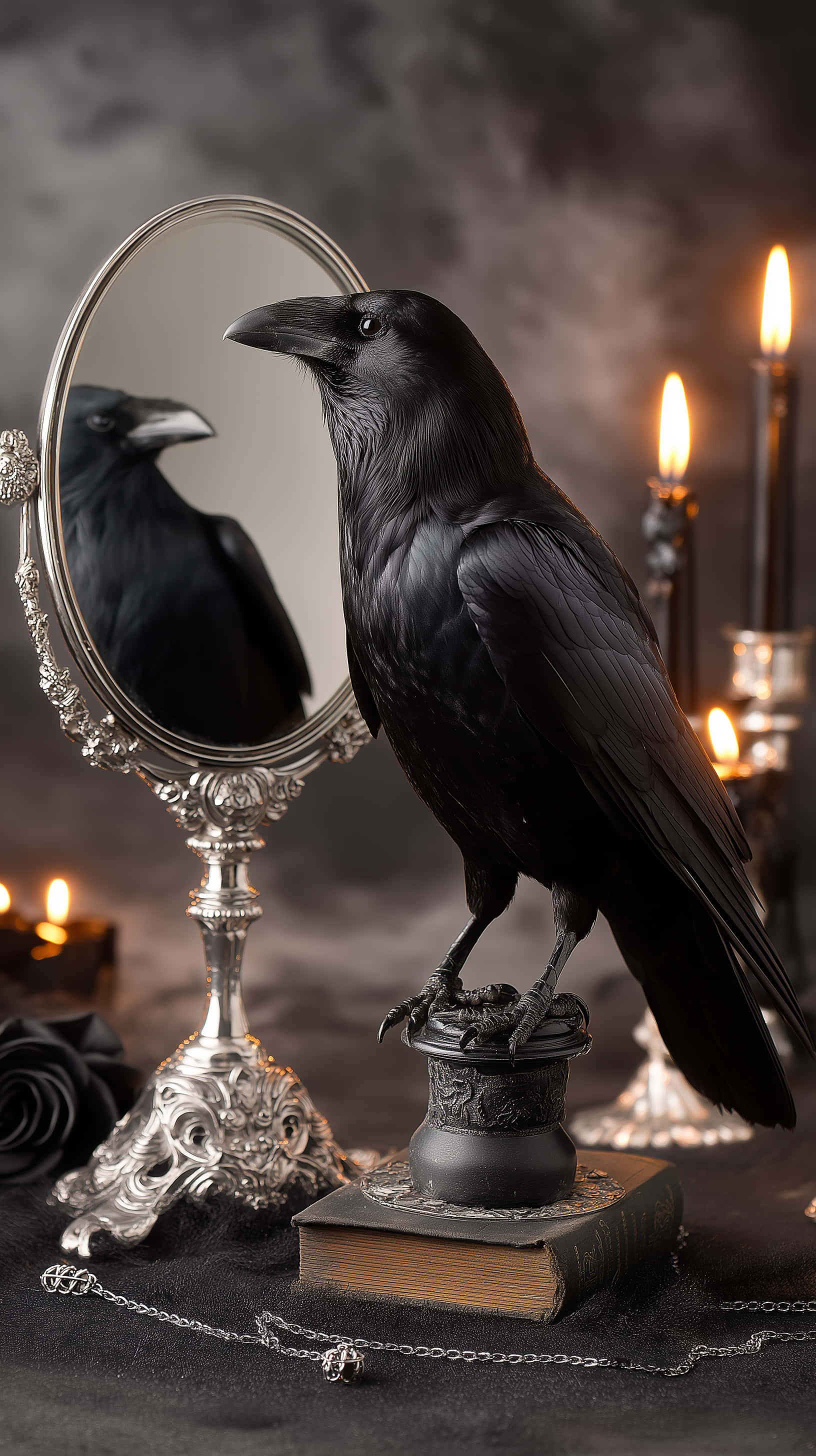 Raven met Ornate Spieël en Gloeiende Kerse, Donker Akademie Muurpapier