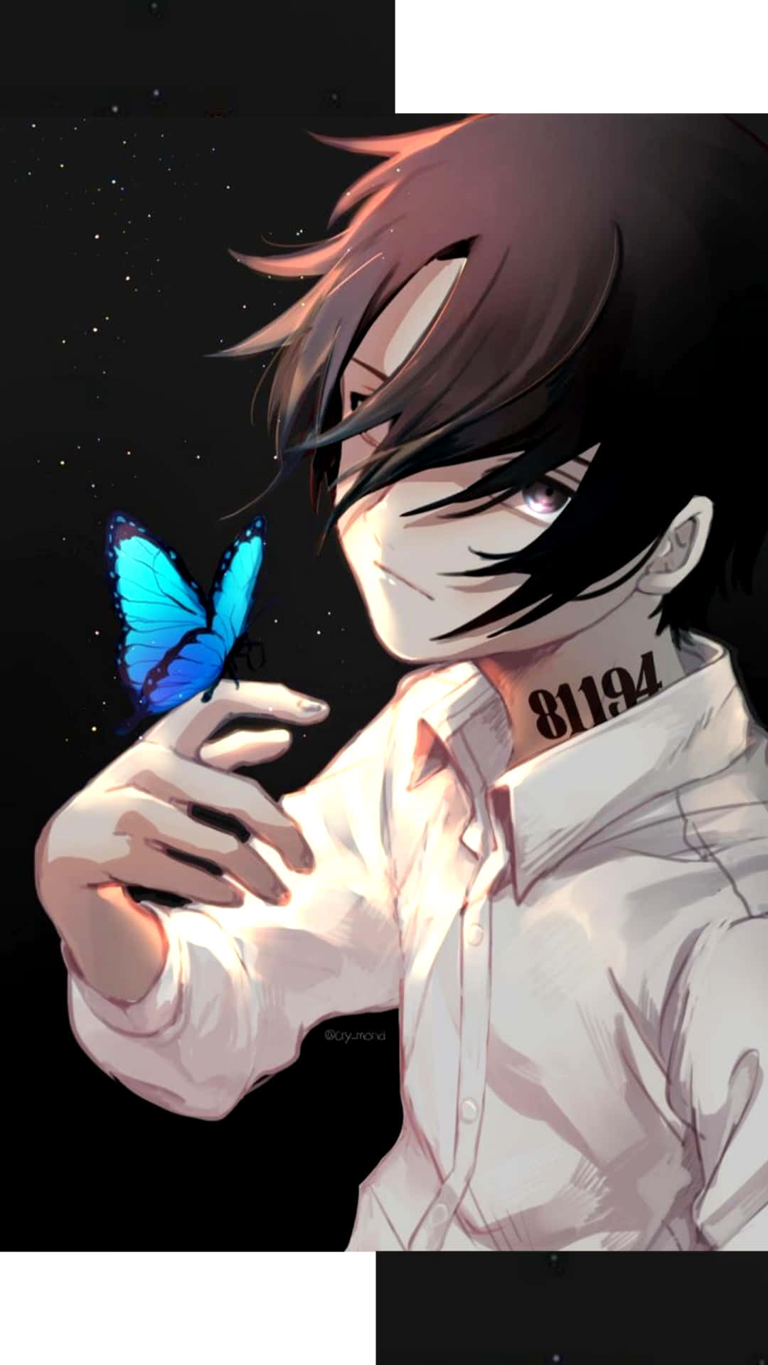 Ray The Promised Neverland Met Blou Skoenlapper Muurpapier