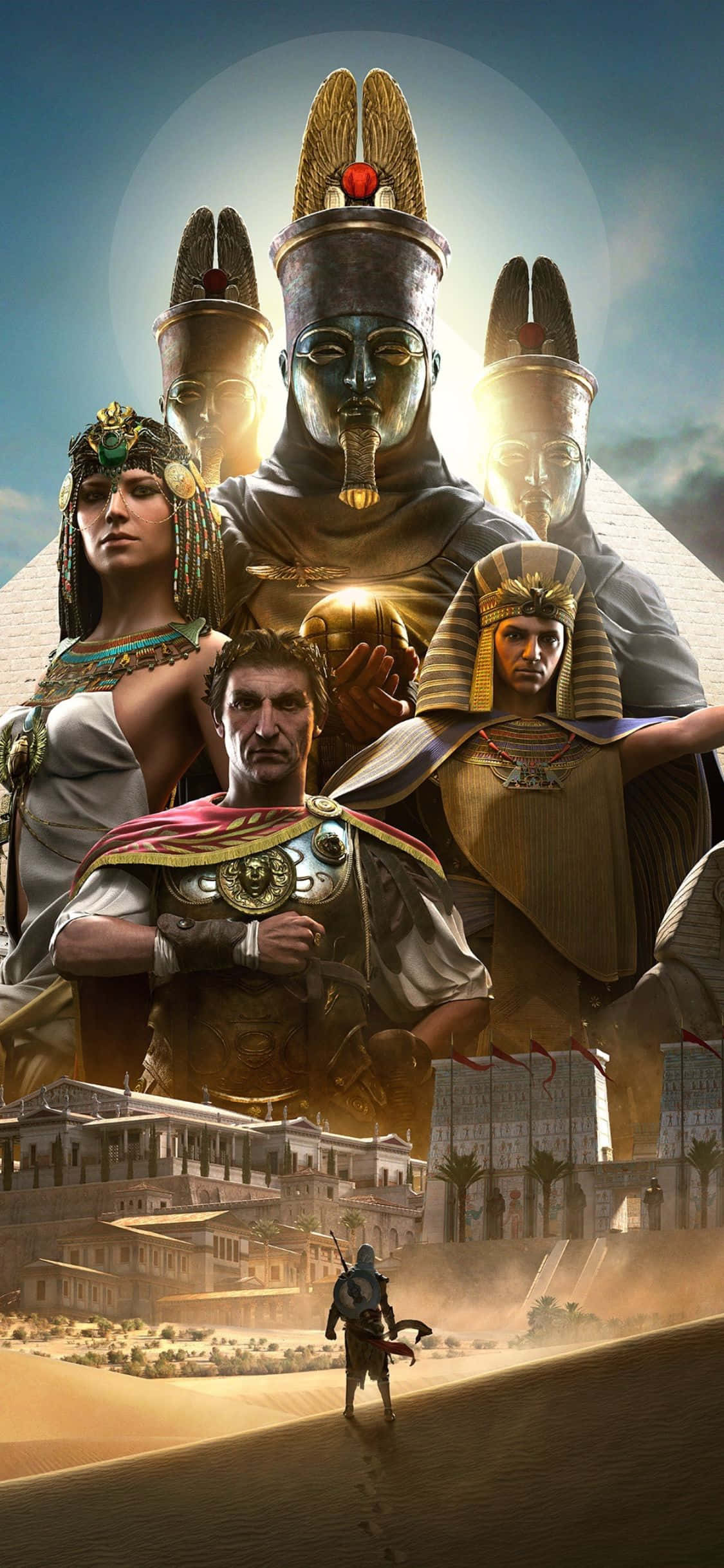 Reis deur Antieke Egipte met Assassins Creed Origins op die iPhone X. Muurpapier