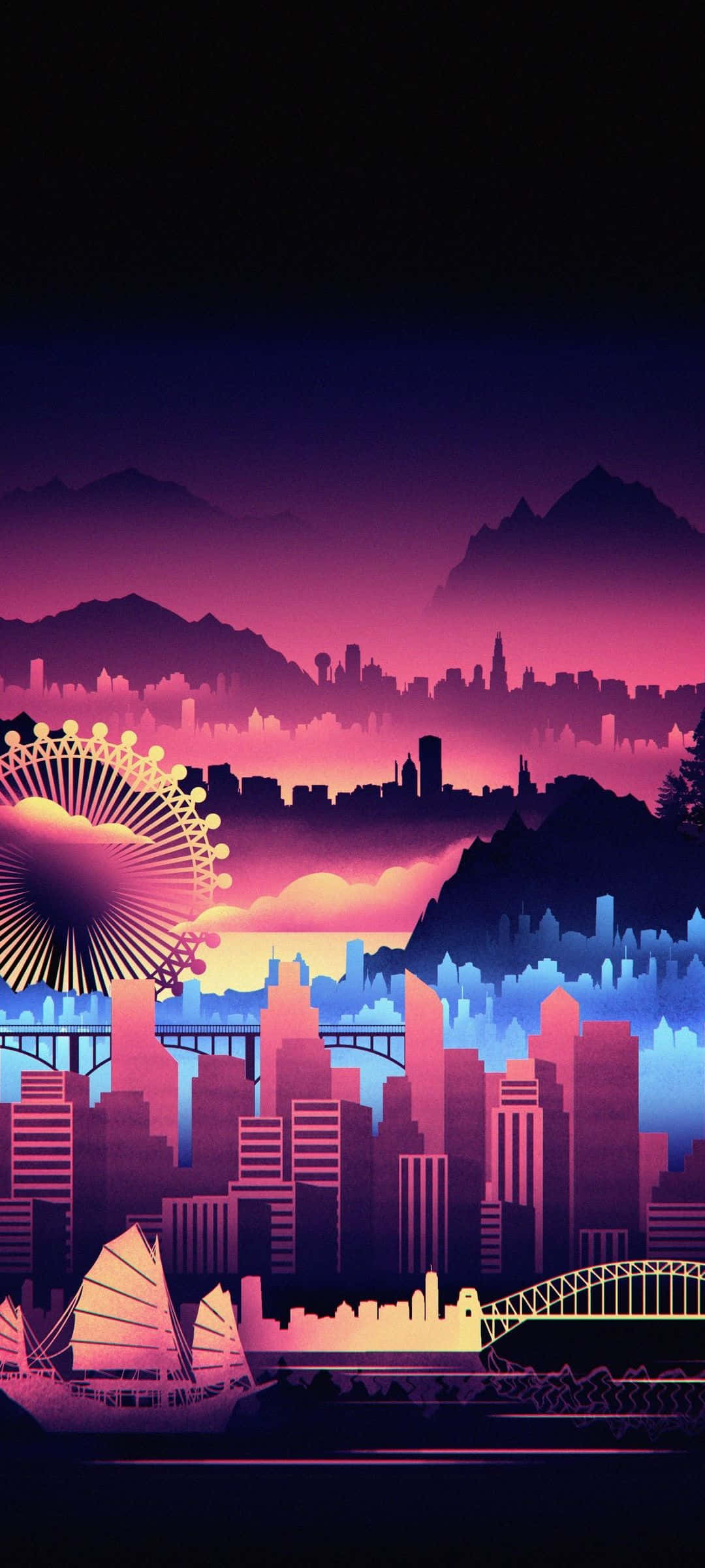 Reis deur die neon-lane van Synthwave City Muurpapier