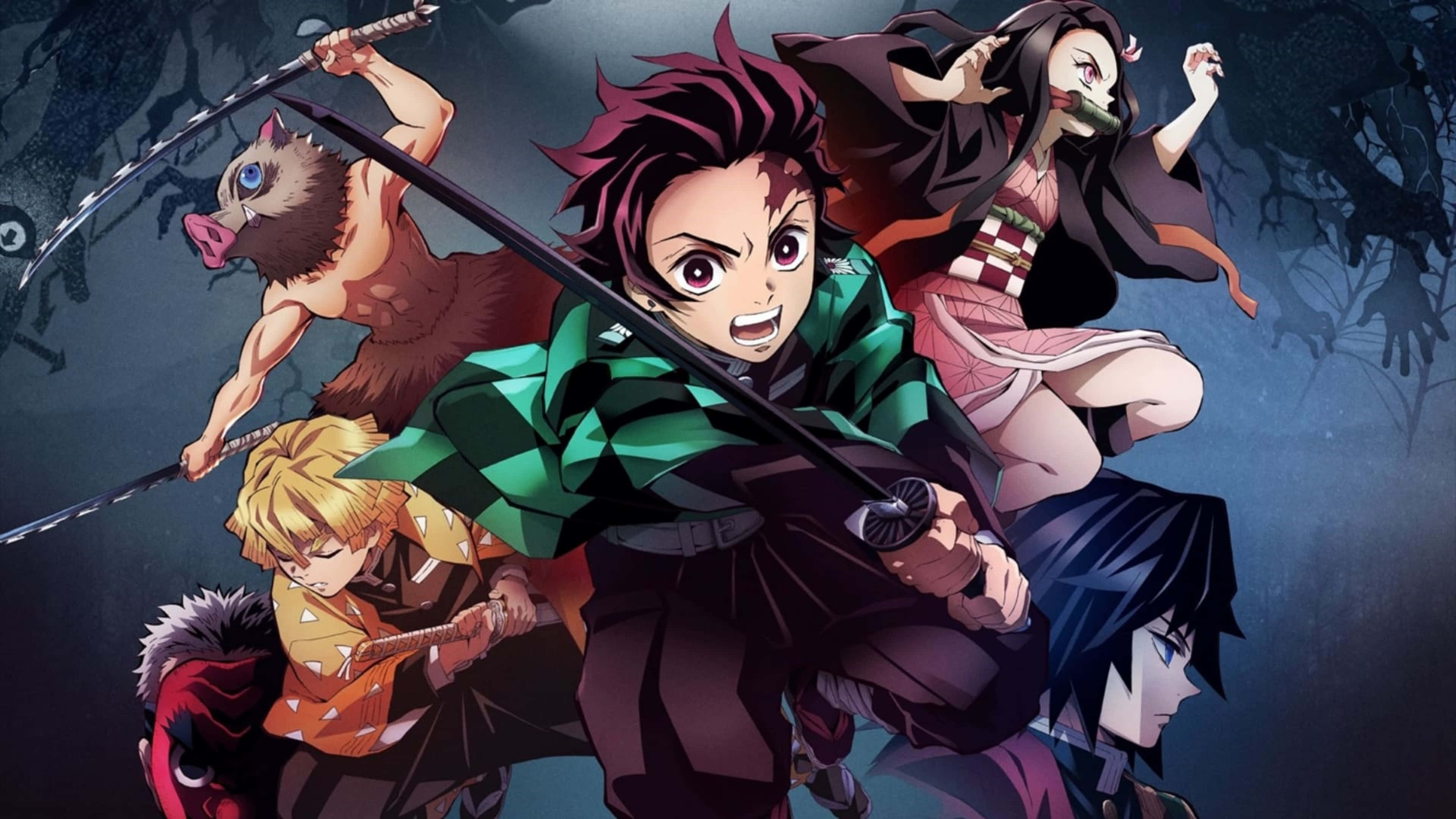 Reis saam met die Demon Slayer Tanjiro Kamado. Muurpapier