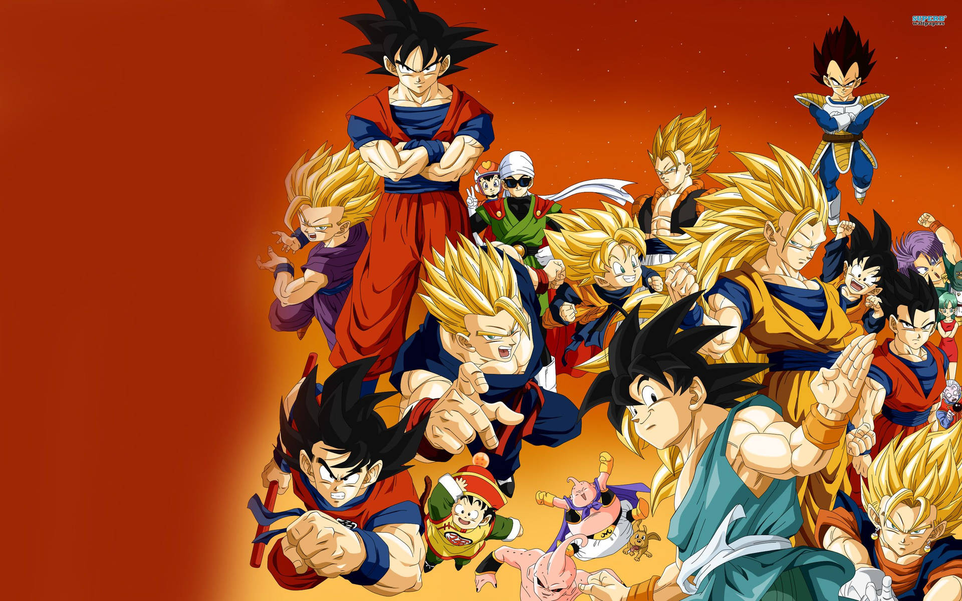 Dragon Ball Z Super Saiyans San Goku, Vegeta, Gohan, Goten en ander karakters. — Dragon ball super GIF Muurpapier