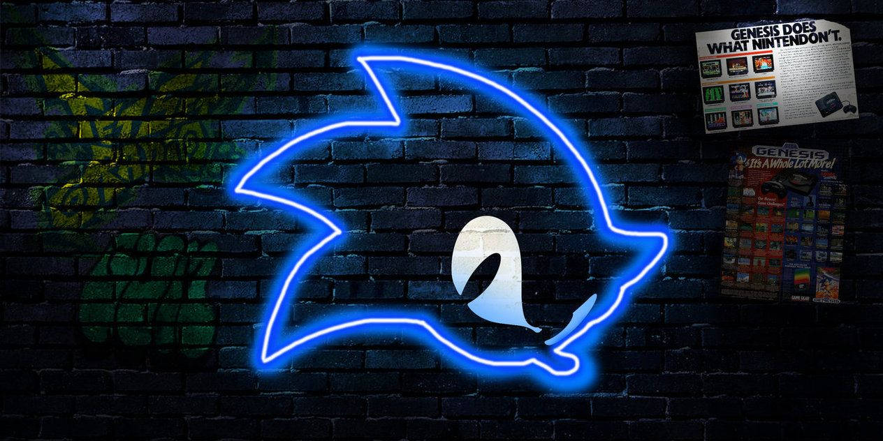 Blou behangpapier van neonlig Sonic-ikoon op 'n gevandaliseerde baksteenmuur.