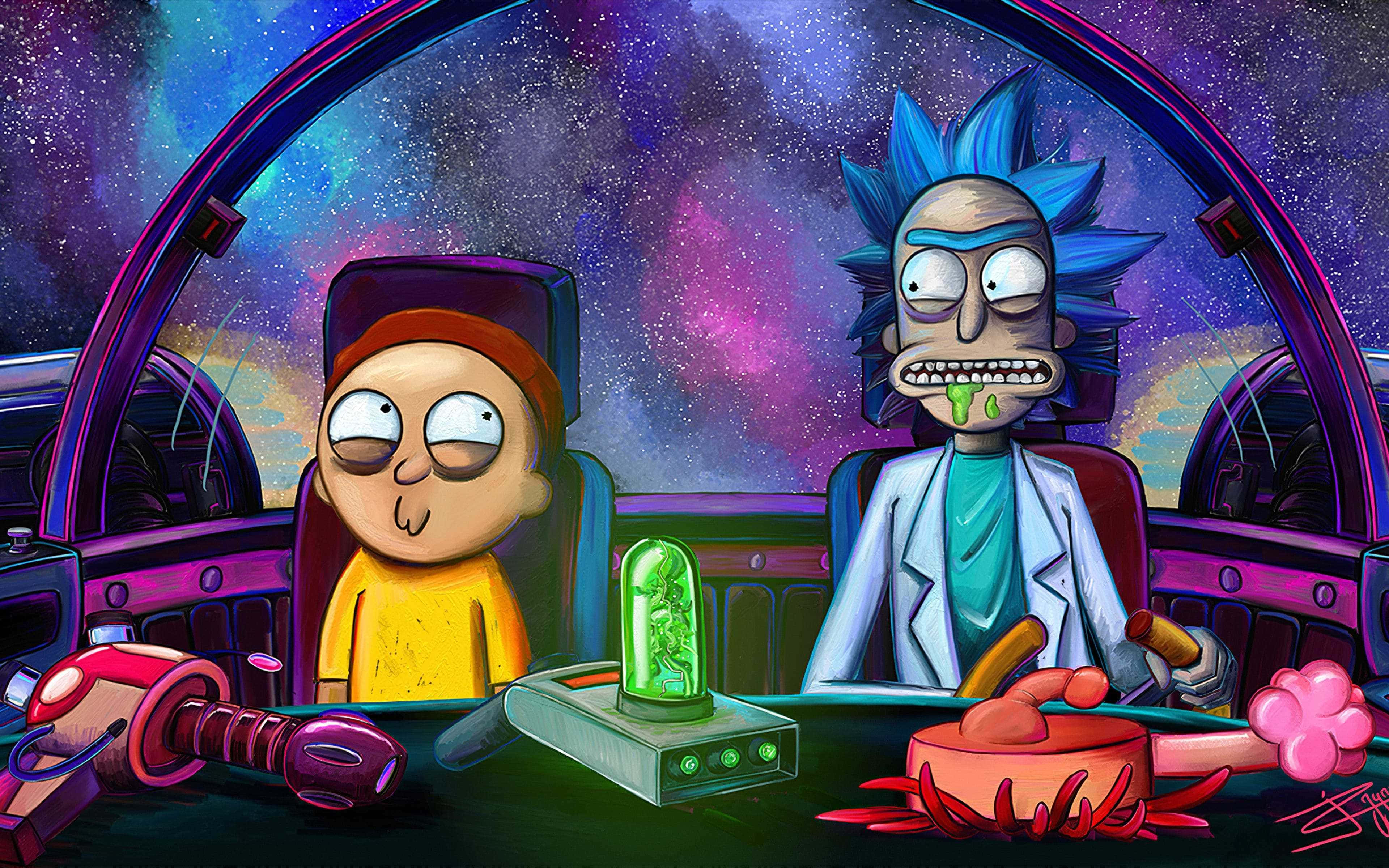 Rick en Morty in die Ruimte 4K Agtergrond Muurpapier