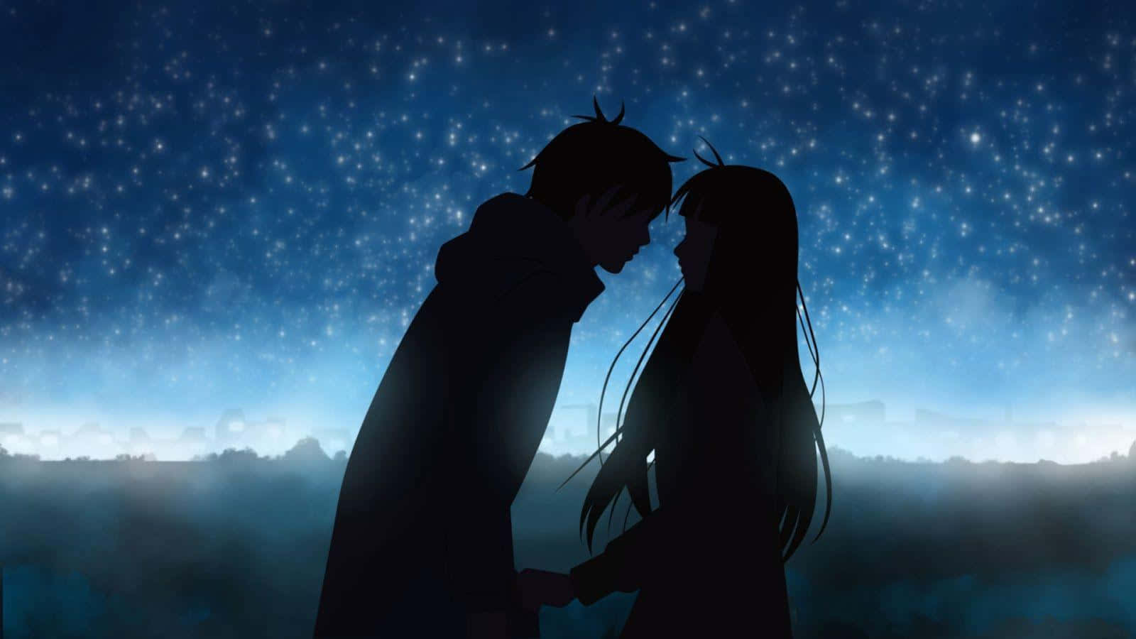 Romance Anime Paar Silhoeët Blou Naghemel Muurpapier