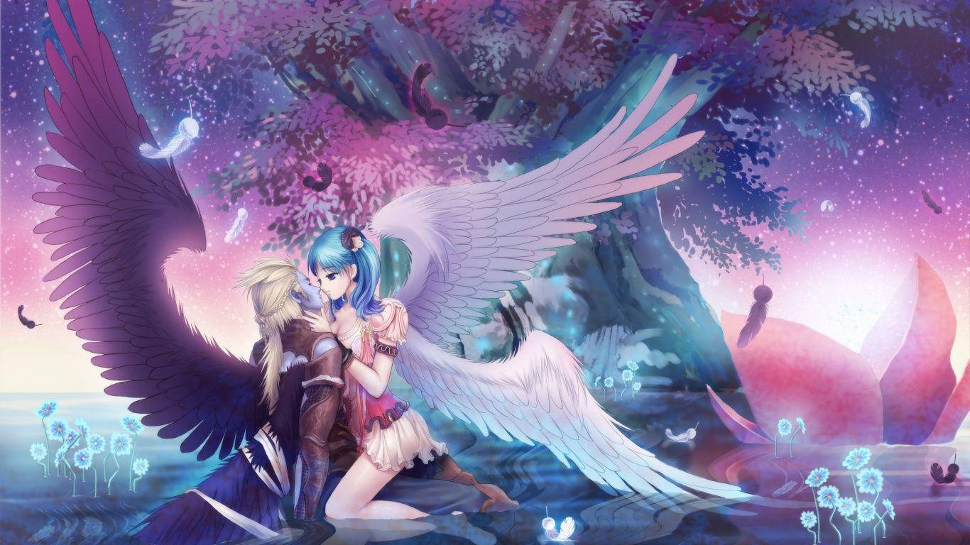 Romantiese Engele en Duiwel in Anime-styl Muurpapier