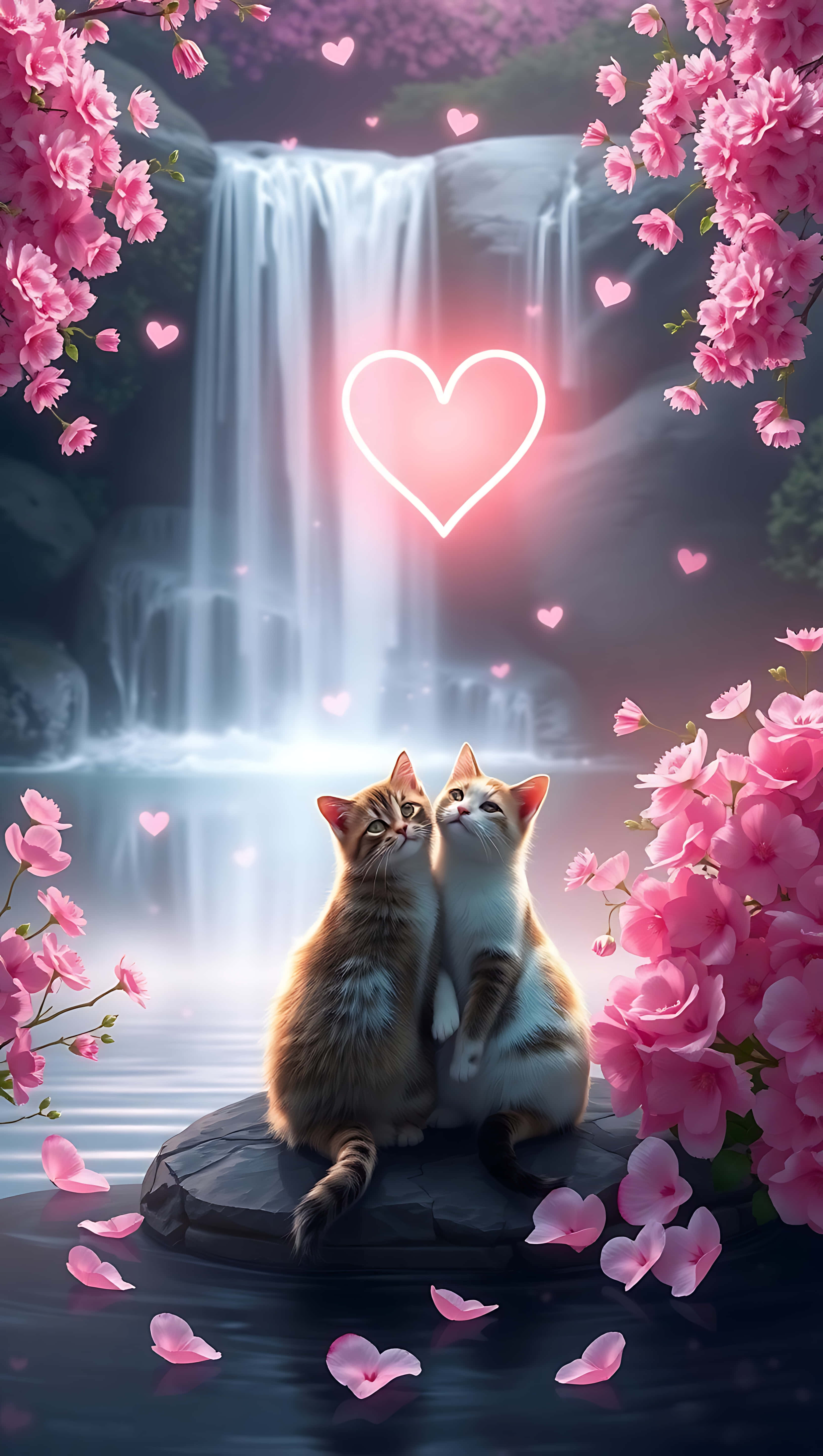 Romantiese Katte by die Waterval, selfoonagtergrond Muurpapier