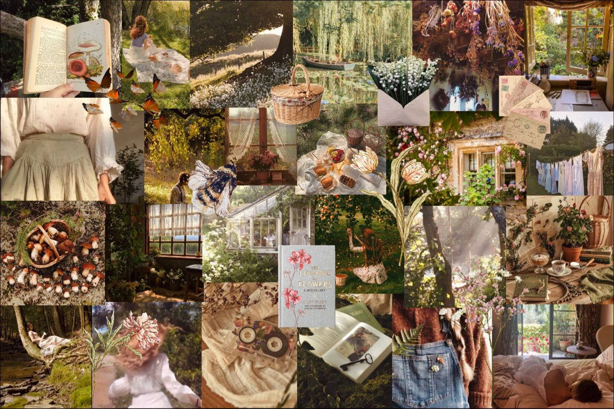 Romantiese Platteland Collage Cottagecore Werkskerm Muurpapier