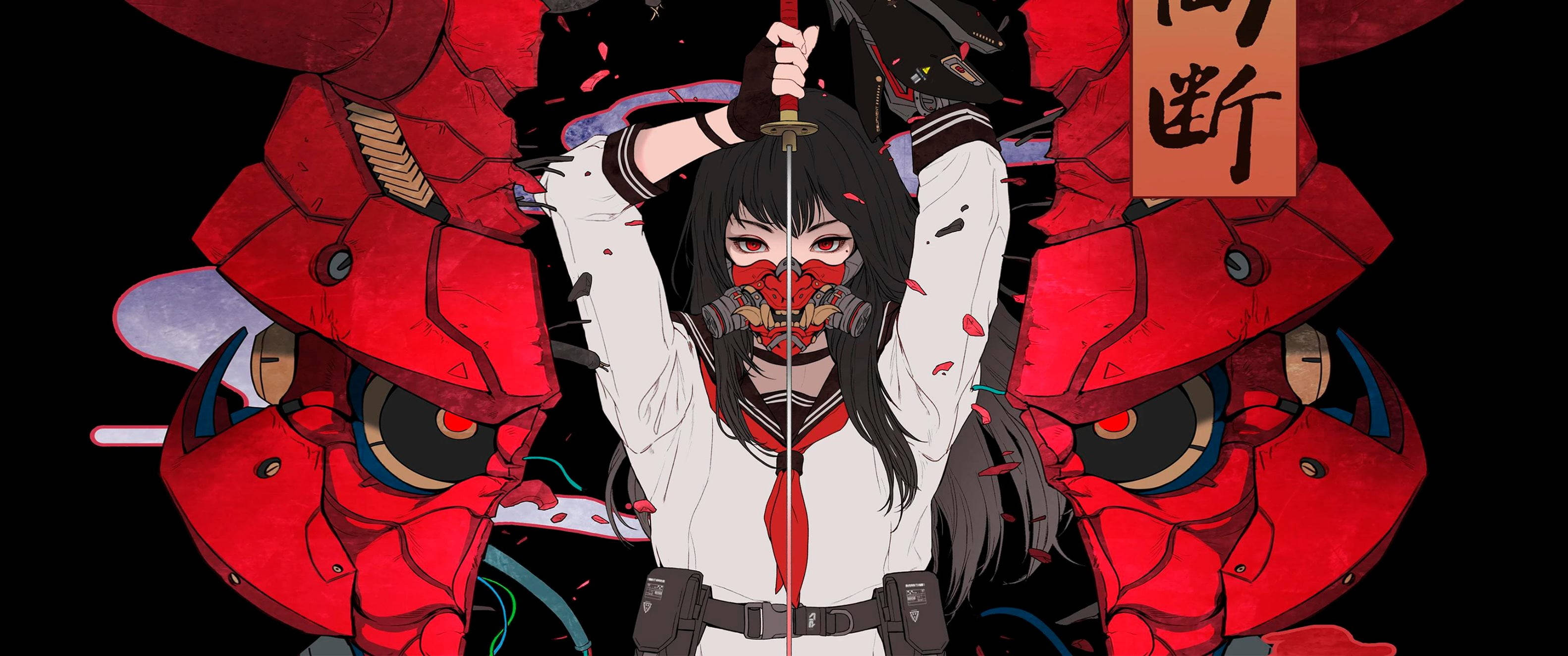 Rooi Anime Demoonmasker Muurpapier