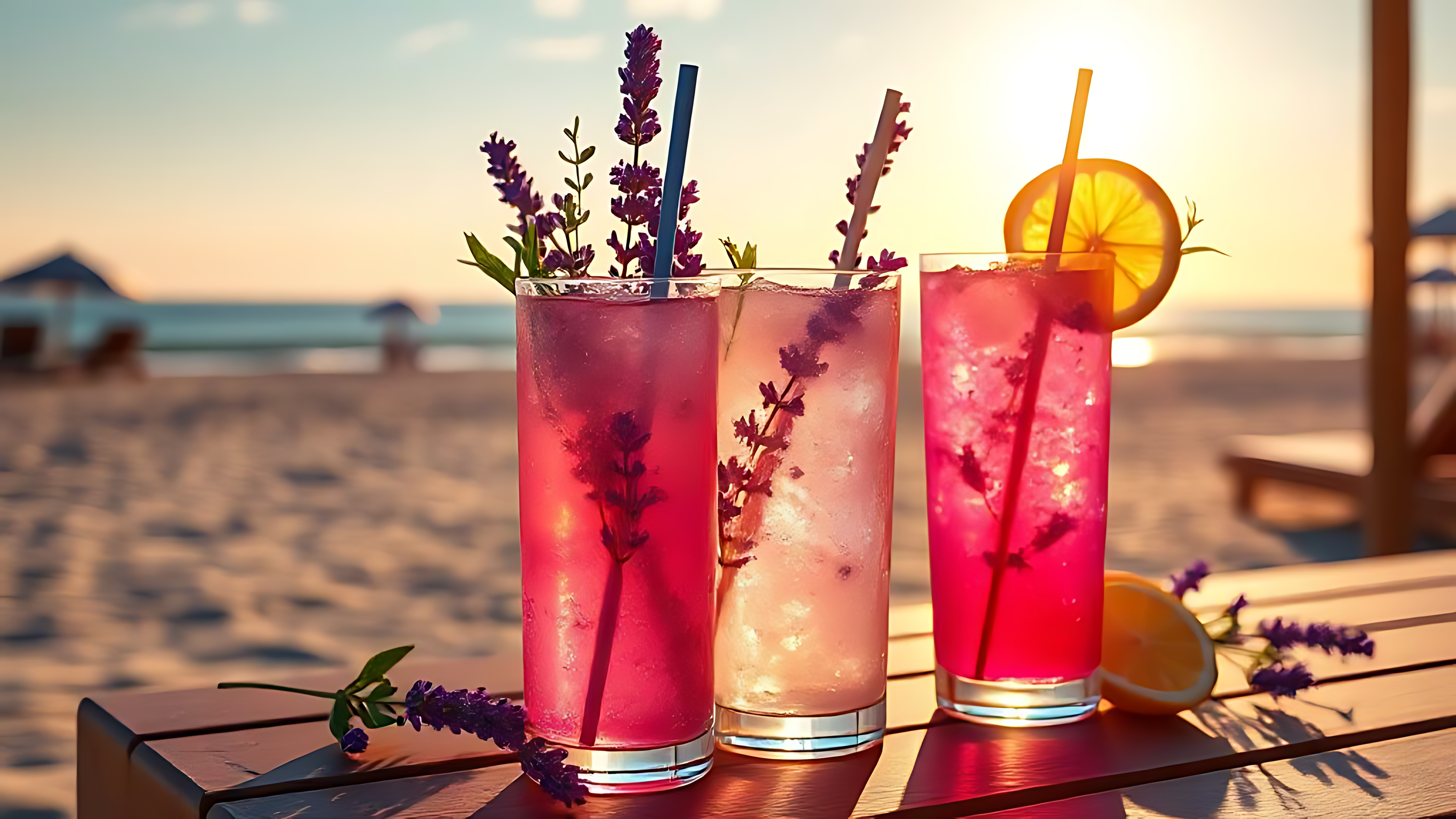 Rooi en pers drankies met laventel op die strand Muurpapier
