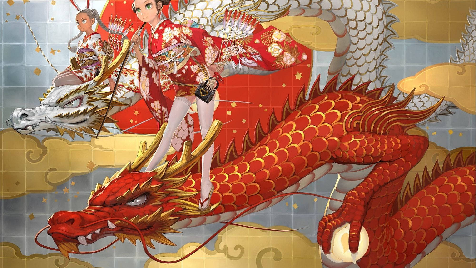Rooi en Wit Japannese Draak Rekenaar Muurpapier