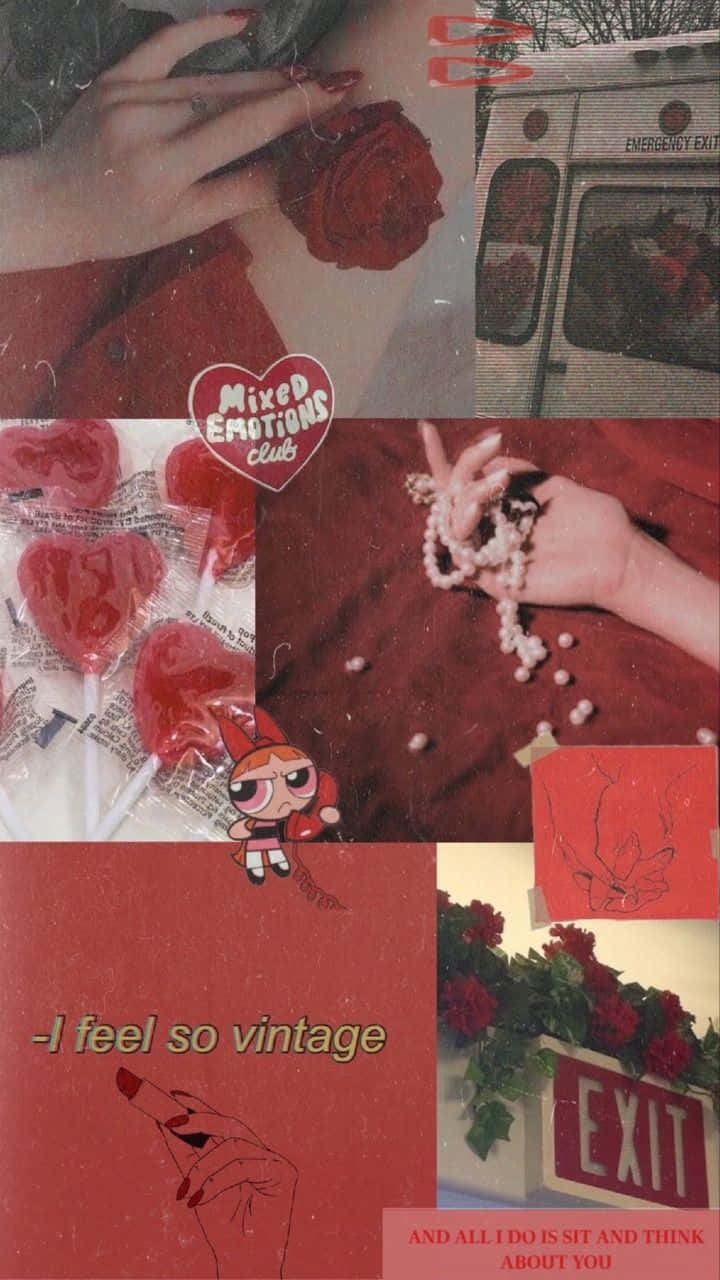 Rooi Fotokollasje Estetiek Tumblr Rose Pêrels Muurpapier