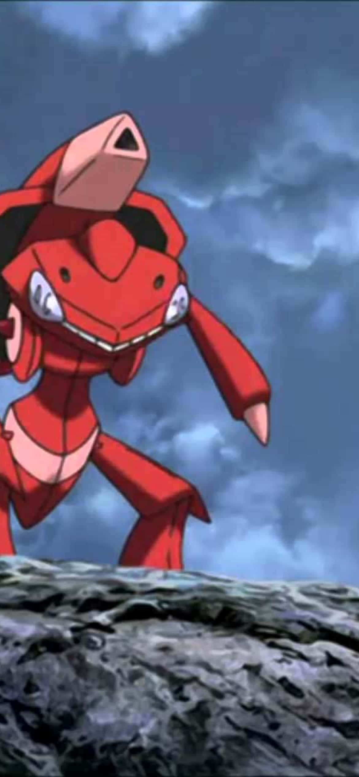 Rooi Genesect Pokémon wat op Rots Staan Muurpapier
