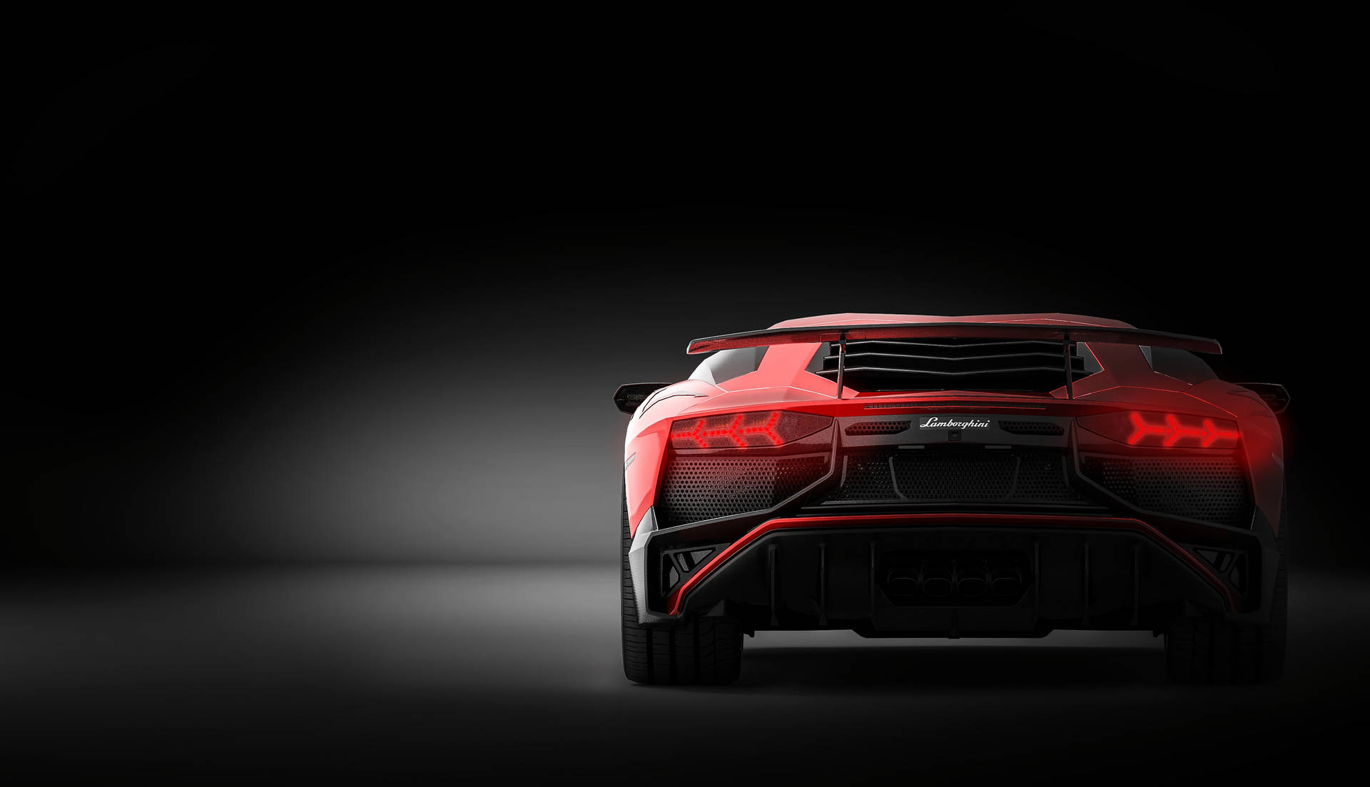 Rooi Lamborghini Aventador agteraansig-agtergrond.