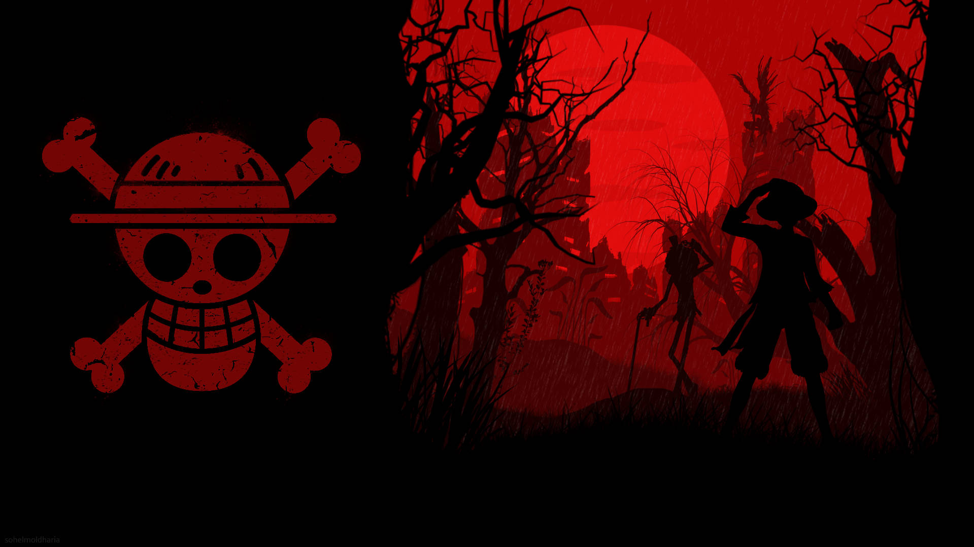 Rooi Land One Piece-lessenaar Muurpapier