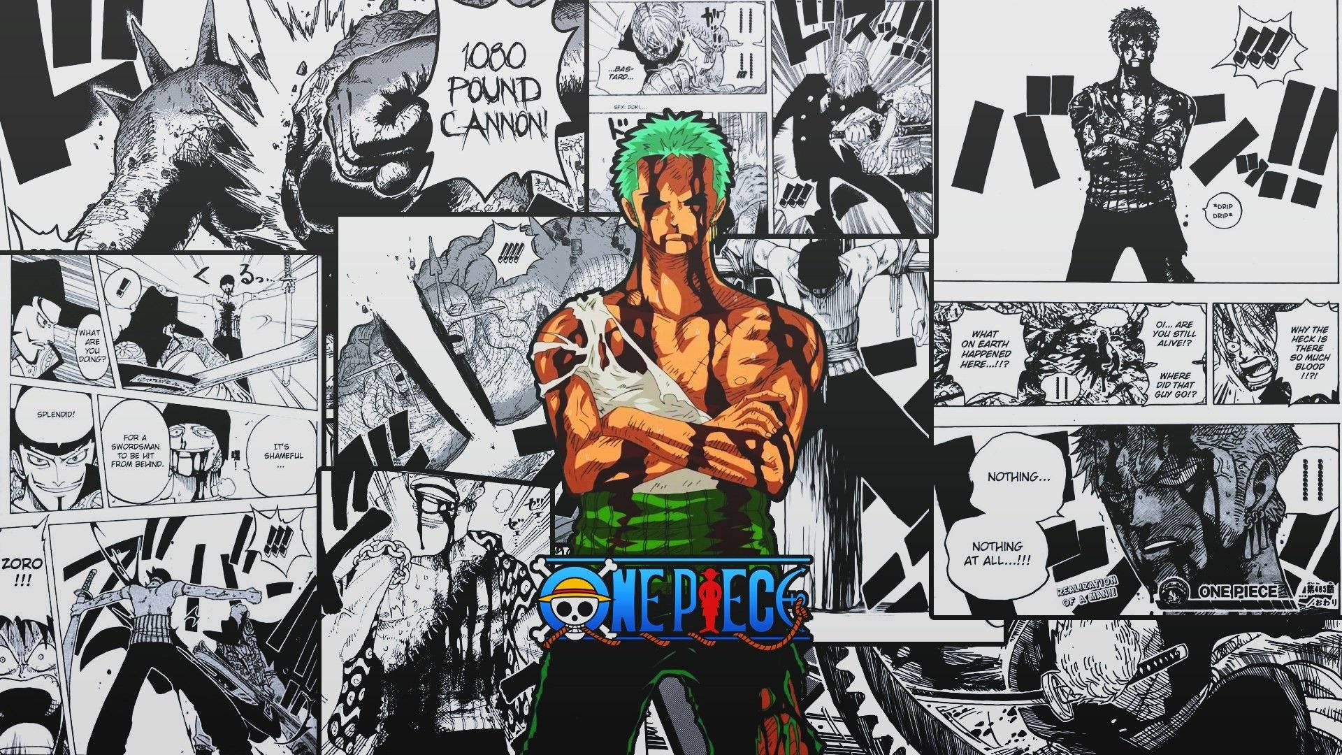 Bebloede Zoro te midde van swart-en-wit manga-bladsye van homself One Piece-agtergrond.