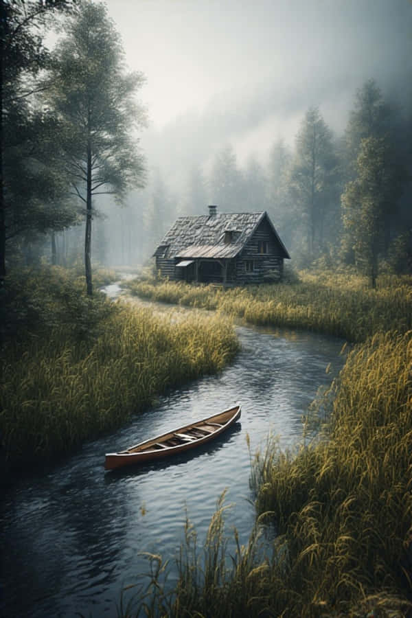 Rustieke Hut op Rivieroewer Vreedsame Wildernis 4K Muurpapier