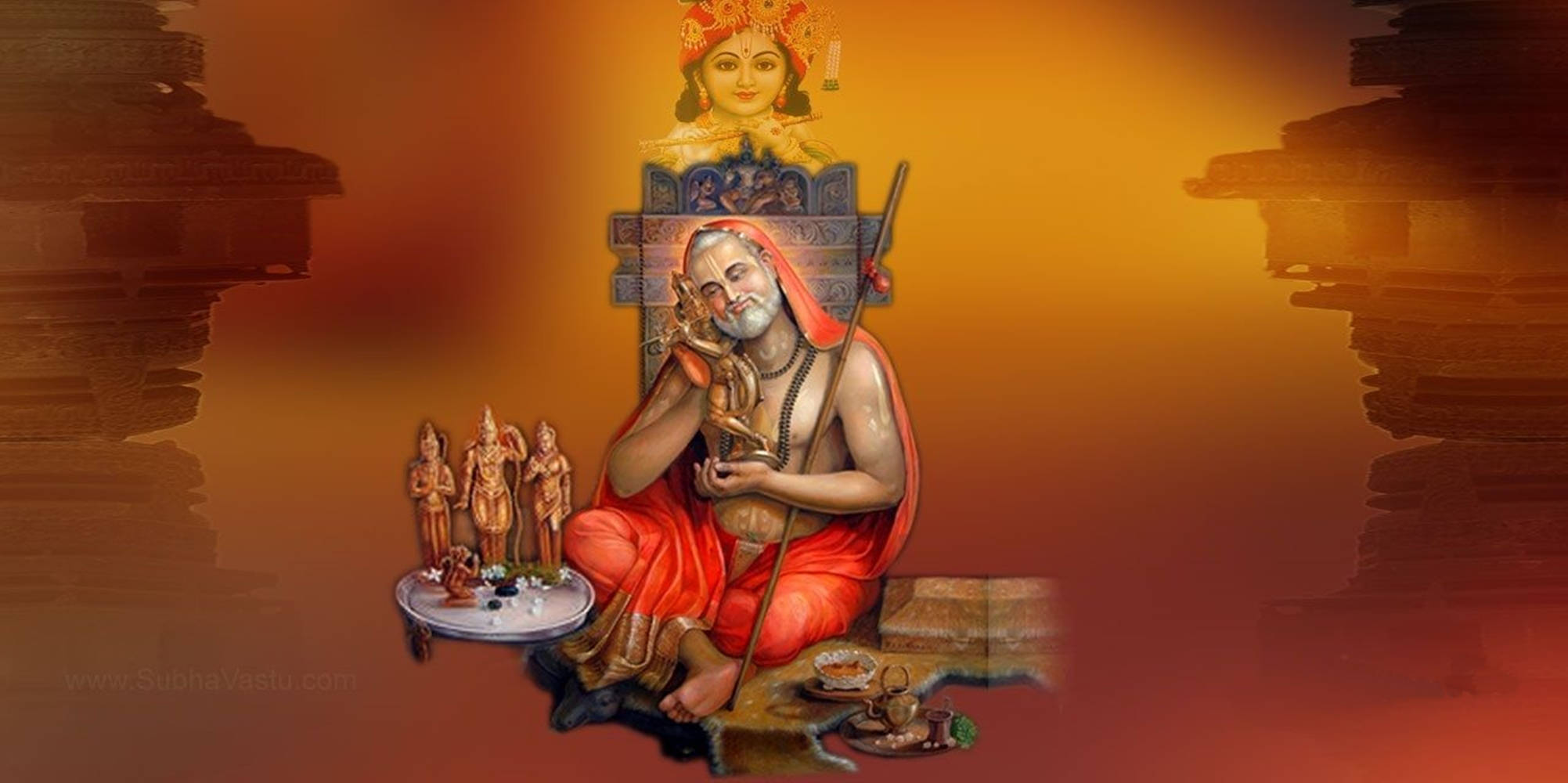 Rustige Goddelike Toneel - Heer Raghavendra Omring deur Heilige Indiese Standbeelde. Muurpapier
