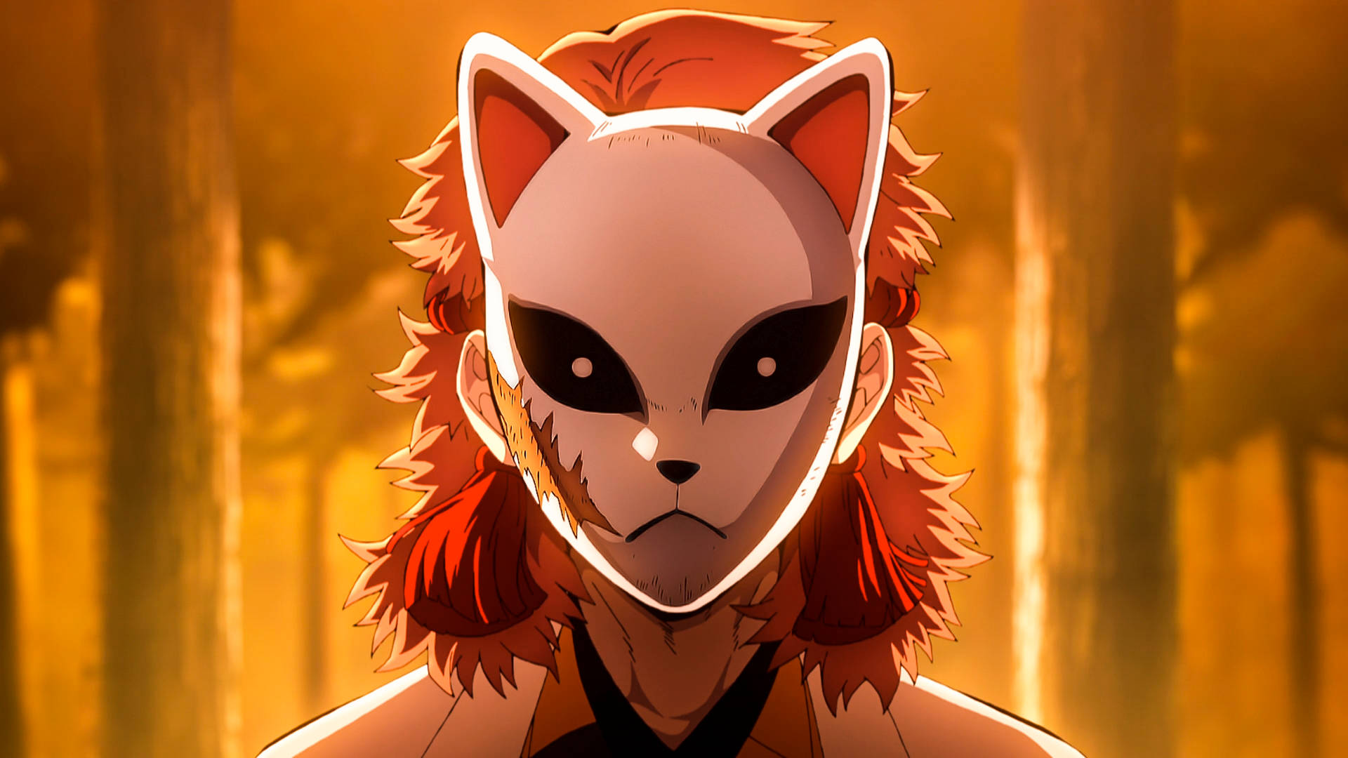 Demon Slayer-agtergrond van Sabito wat 'n wit, littekenbedekte Kitsune-masker dra. — Demon slayer 4K GIF Muurpapier