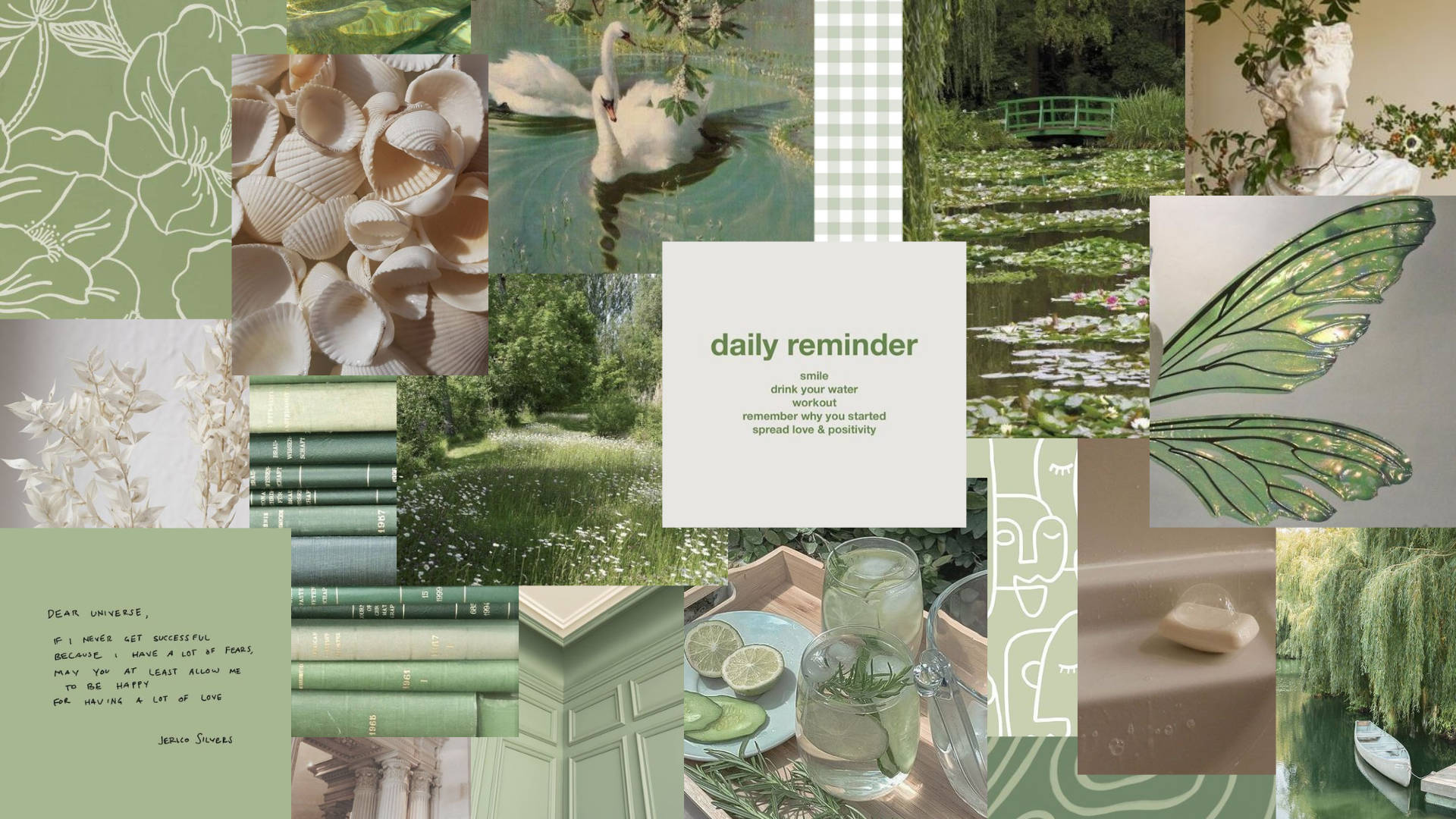 Sage Groen Stemming Estetiese Collage Skootrekenaar Muurpapier