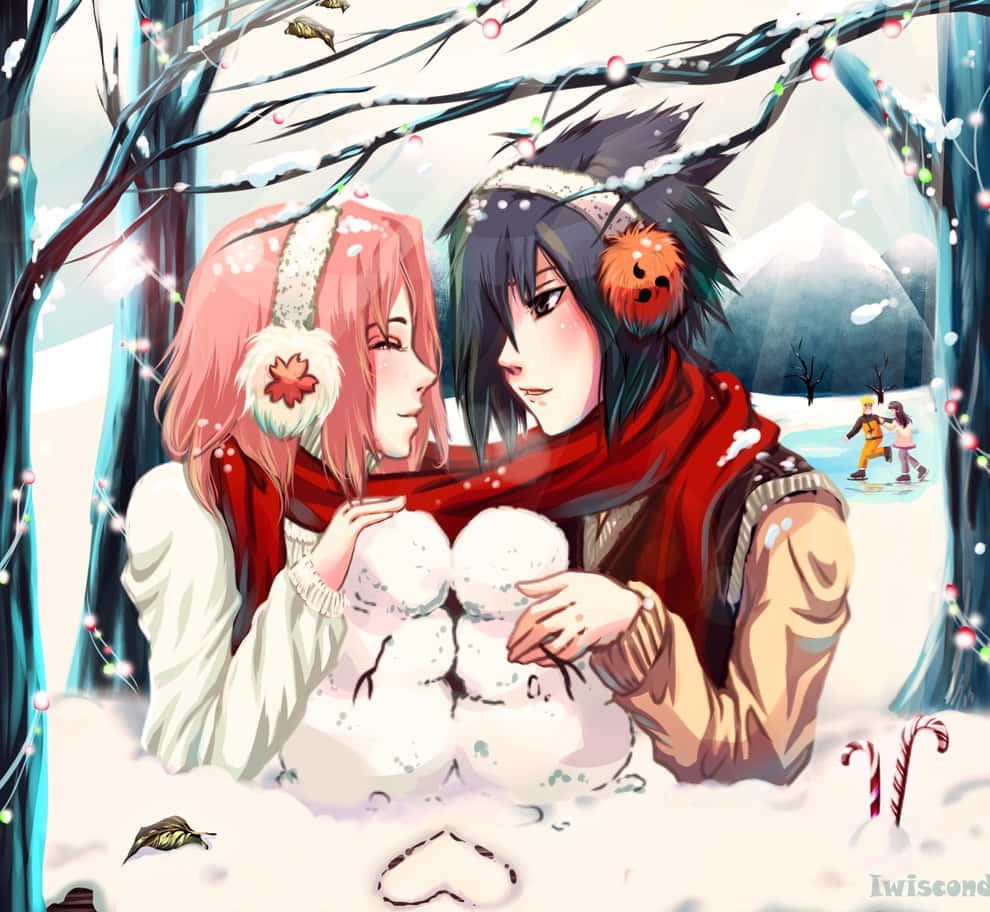 Sakura en Sasuke Kersfees Paartjie Prent Muurpapier